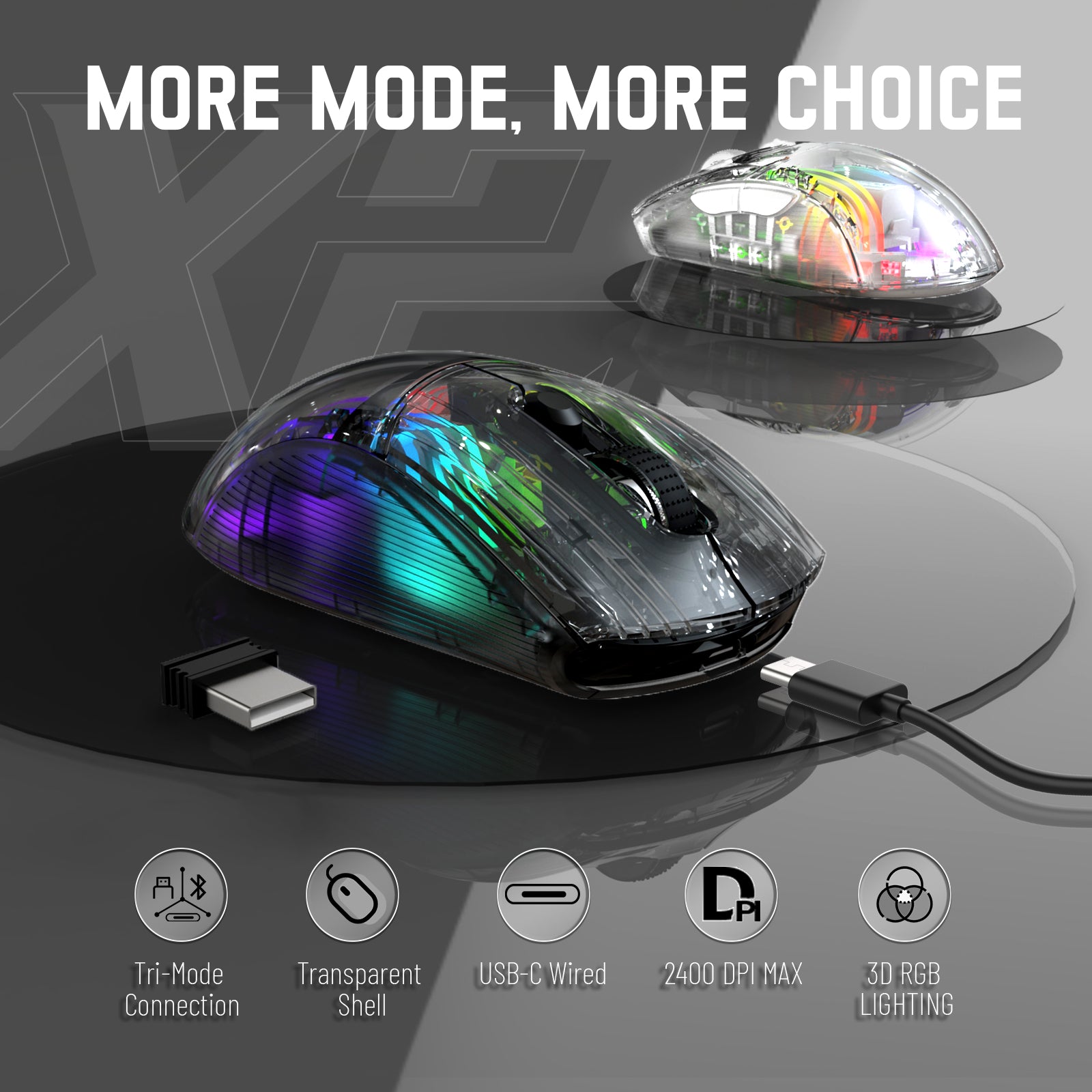 X2 wireless gaming mouse with RGB lighting, USB-C charging, and tri-mode connectivity.