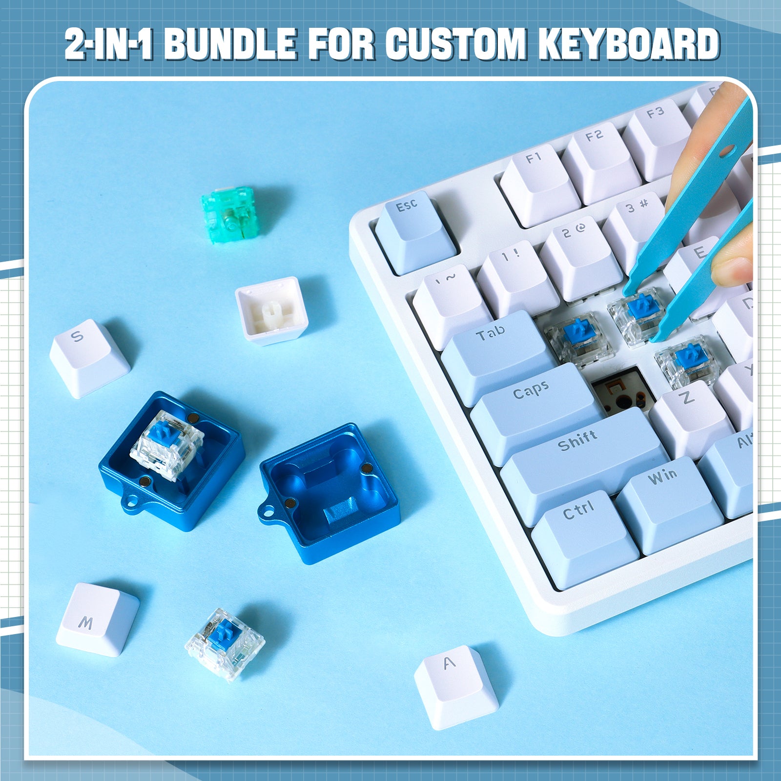 Blue 2-in-1 switch opener kit with puller next to mechanical keyboard switches.