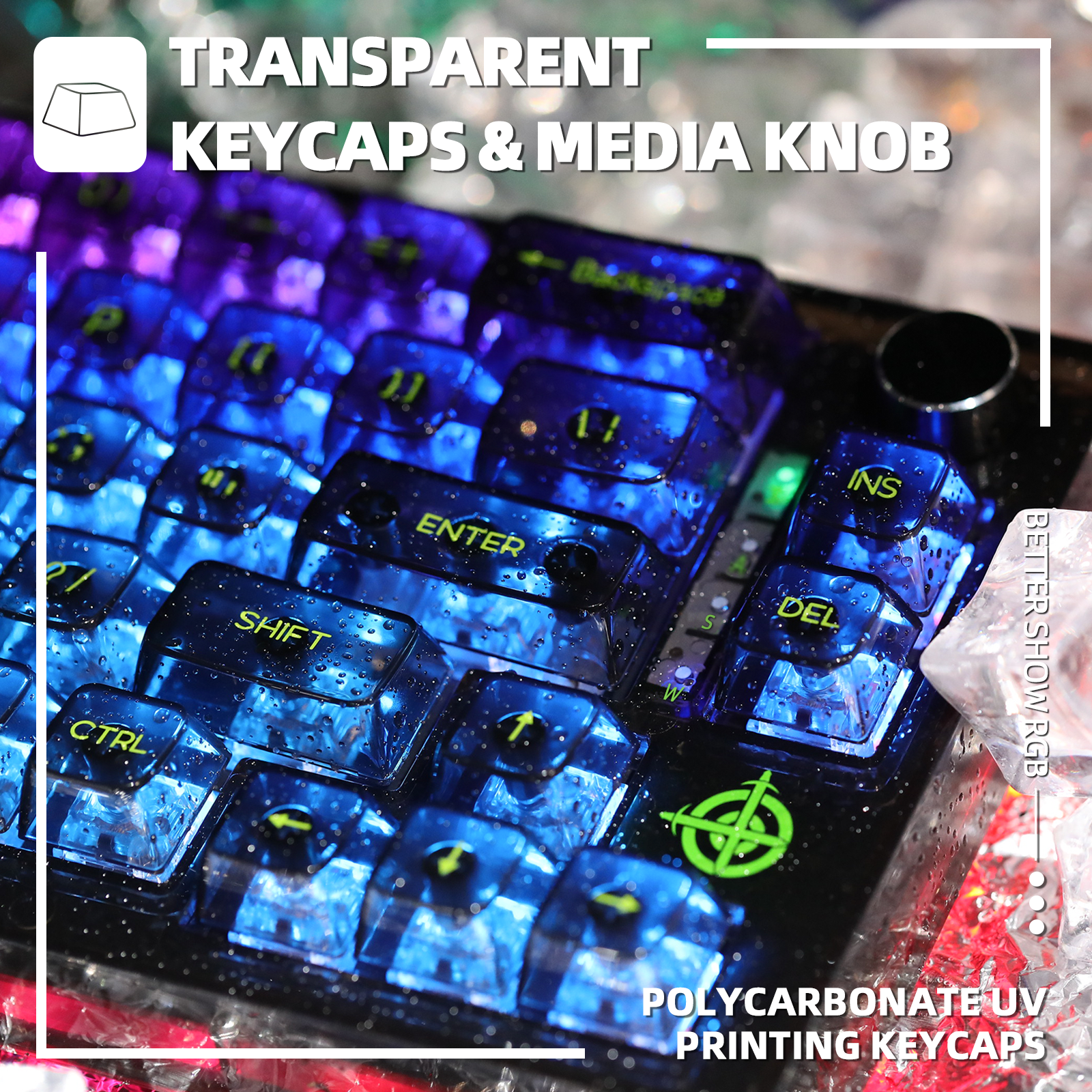 MK31 keyboard with transparent keycaps and RGB lighting effects.