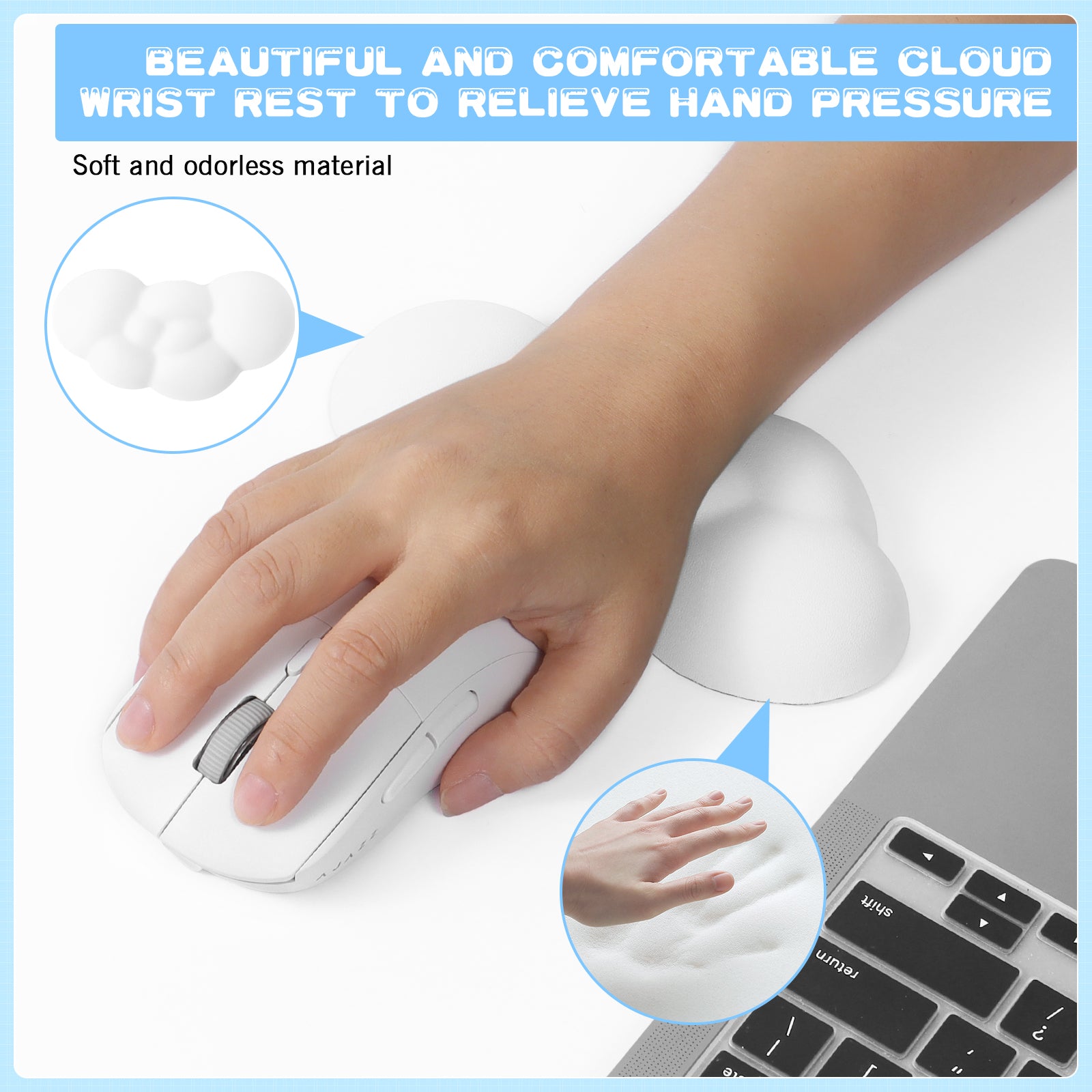 Hand resting on cloud-shaped mouse wrist rest; soft, odorless design for comfort