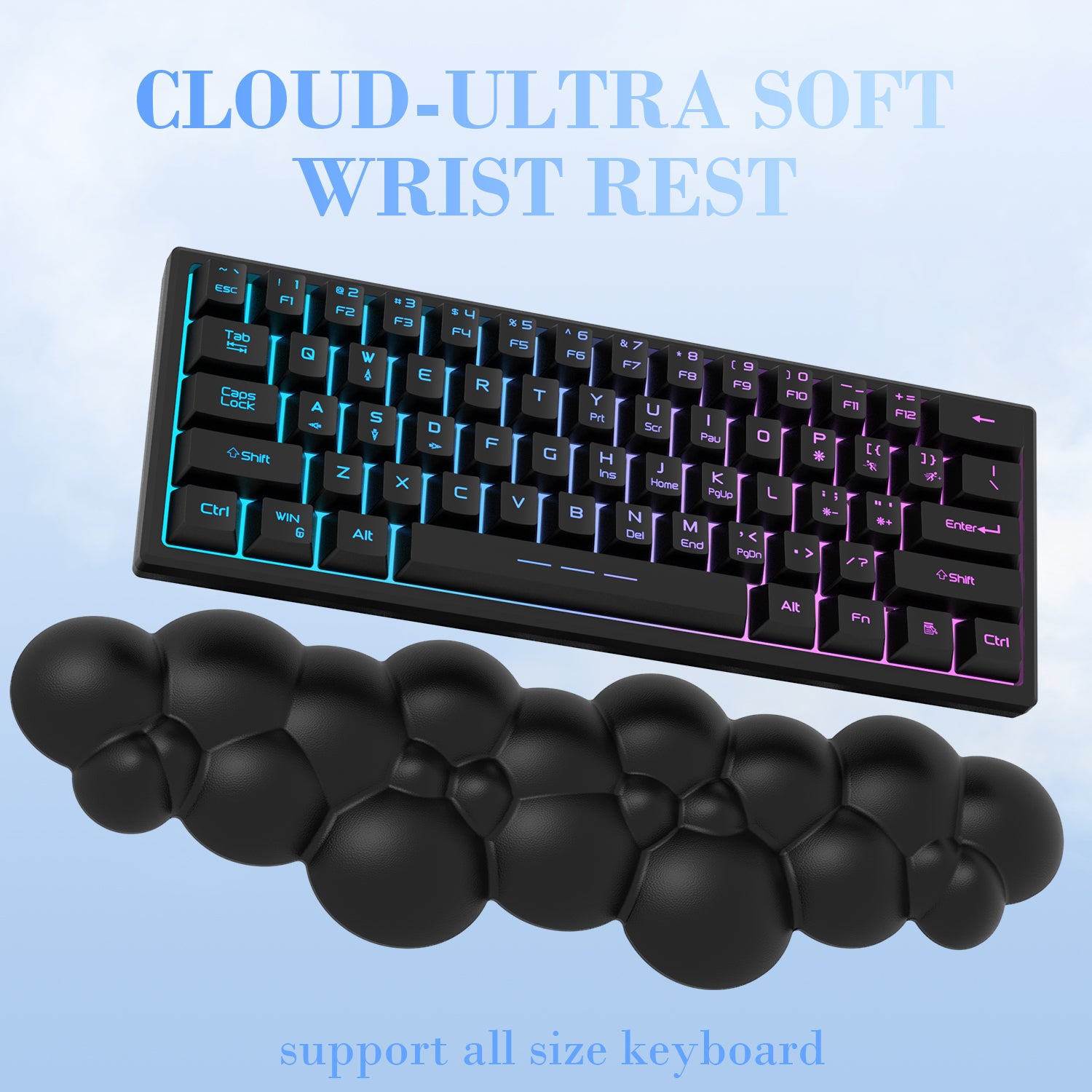 Cloud-shaped ultra-soft wrist rest in black above a RGB mechanical keyboard.