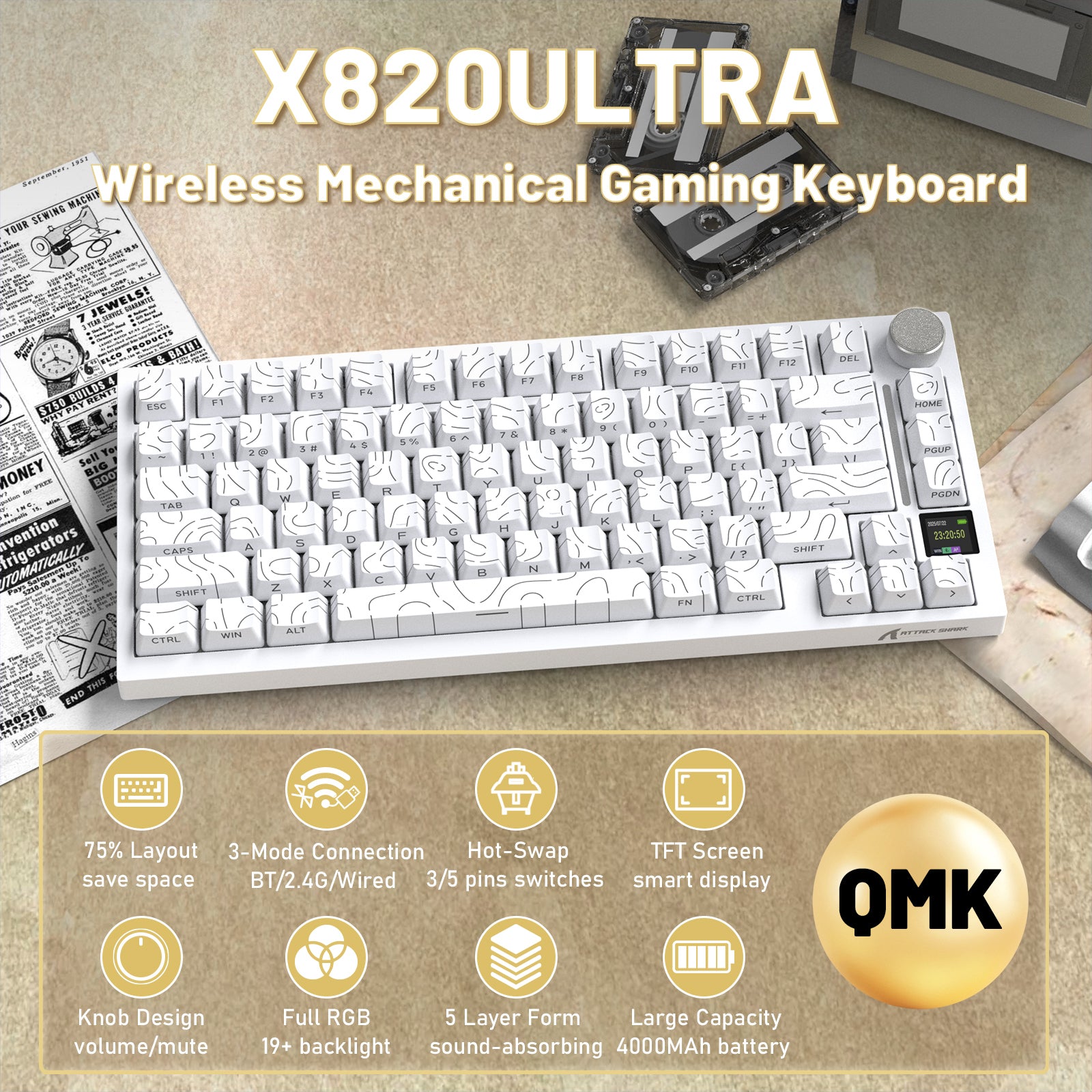 Teclado mecánico ATTACK SHARK X820ULTRA con cable en espiral C01ULTRA
