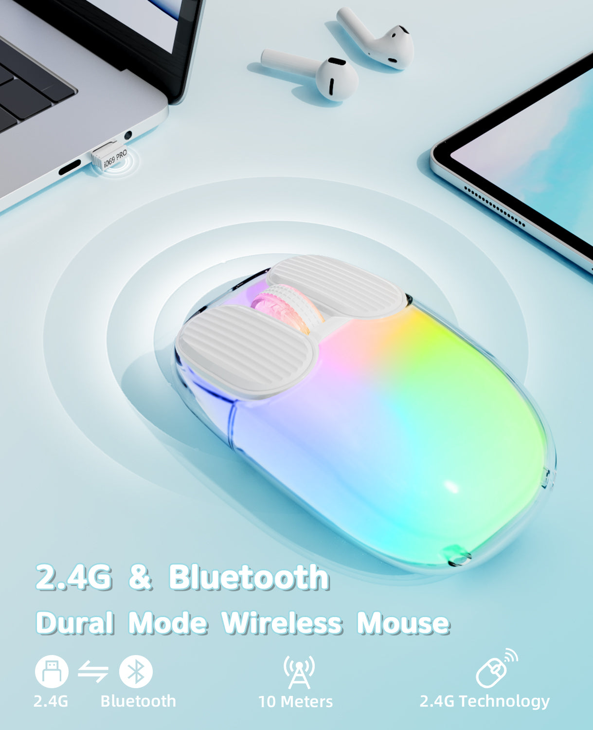 Dual mode wireless mouse with RGB light, USB receiver, and Bluetooth connectivity.