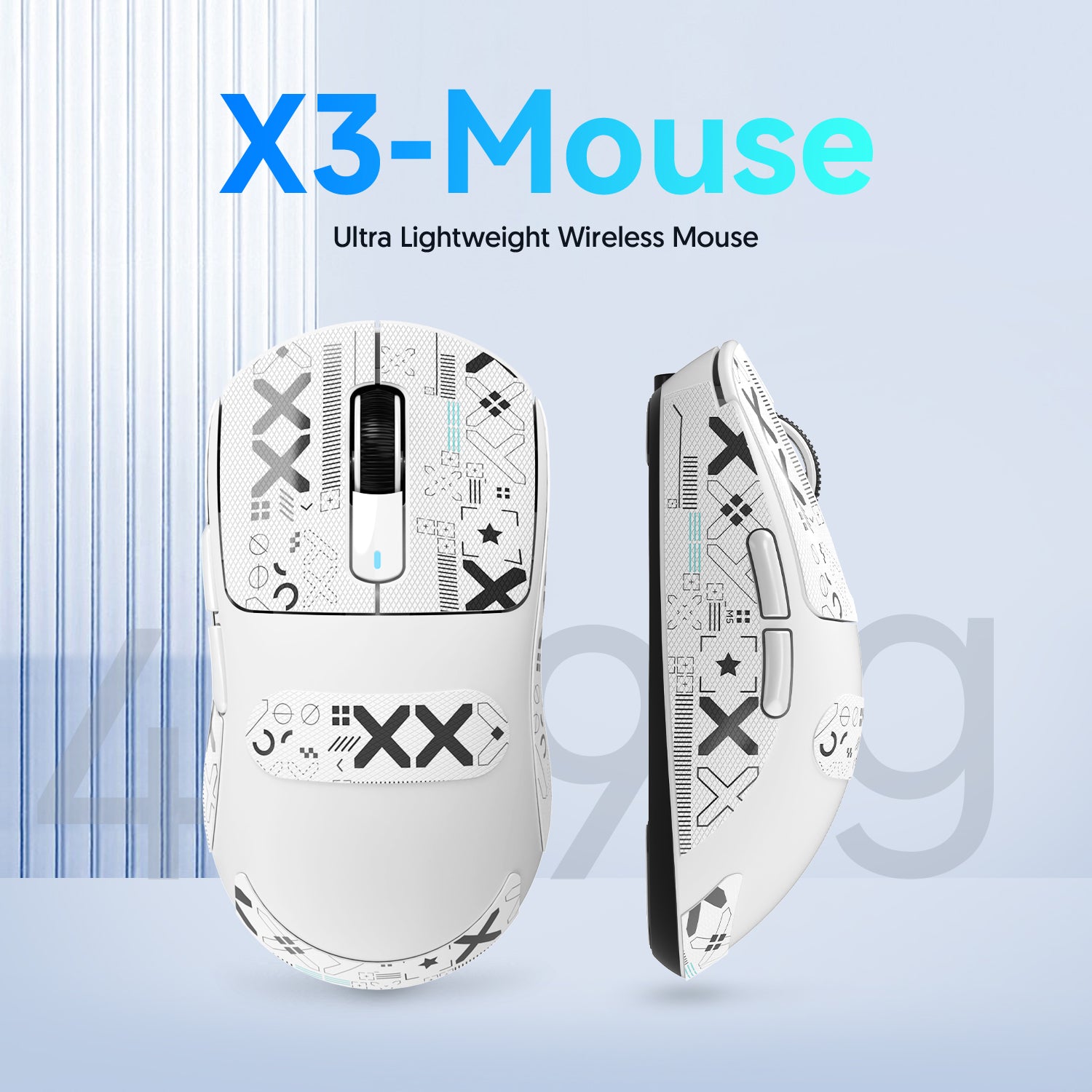 X3PRO ultra-lightweight white gaming mouse featuring customizable designs and USB-C port