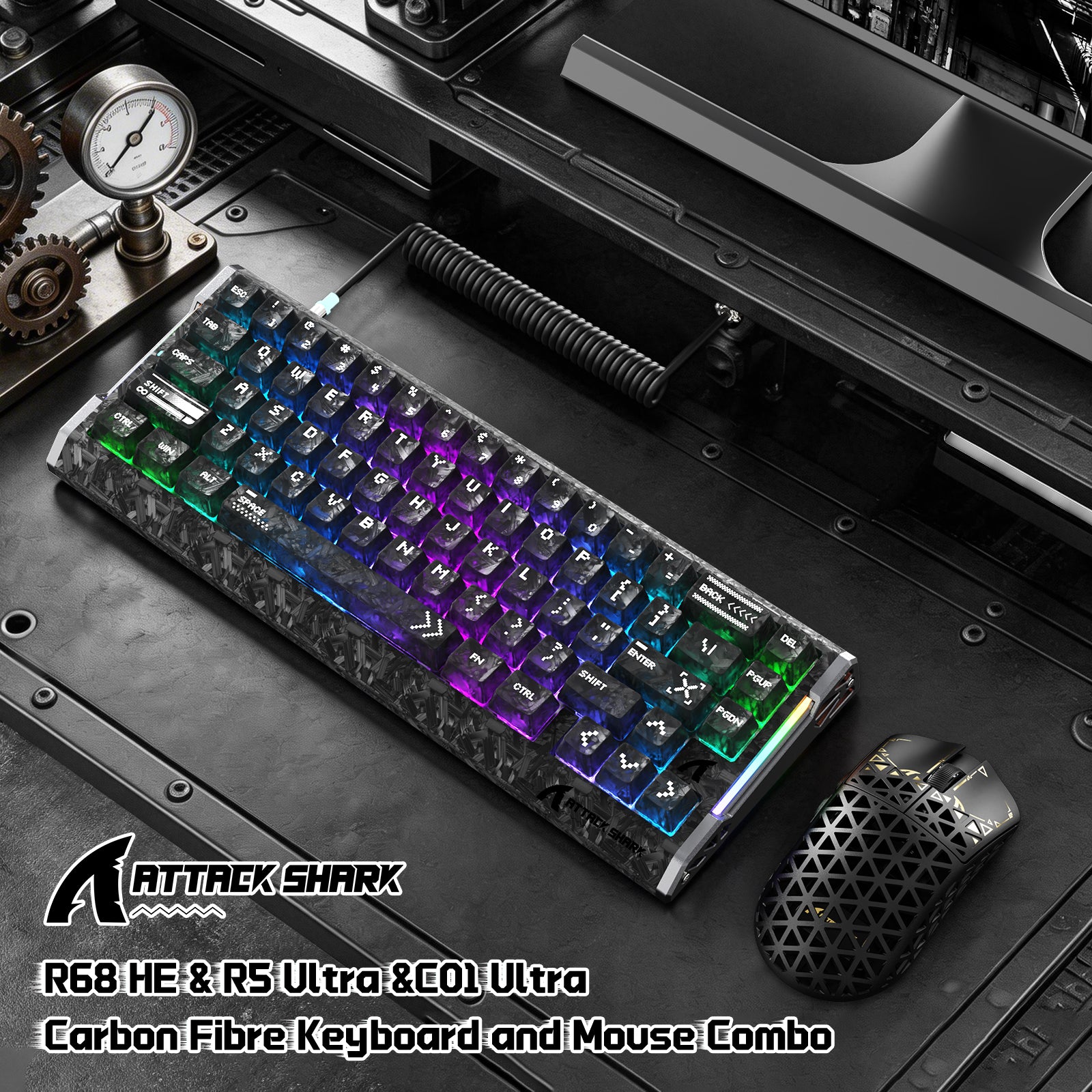 Paquete gaming ATTACK SHARK R68 HE & R5 ULTRA de fibra de carbono con cable en espiral C01 ULTRA