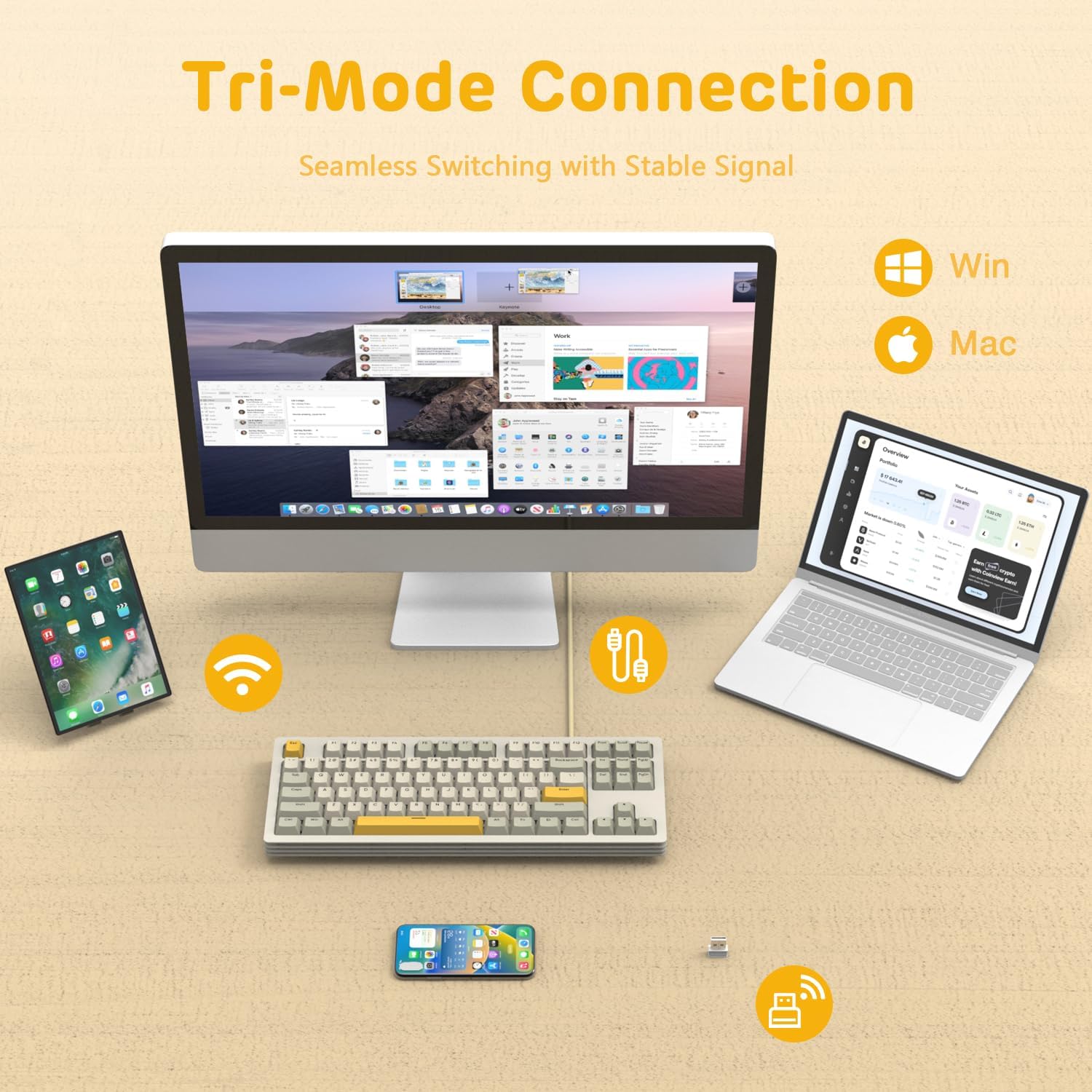 Tri-mode connection illustration for AKC087 keyboard with devices and stable signal