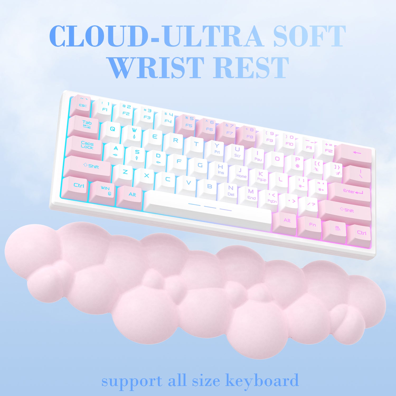 Pink cloud-shaped wrist rest designed for ergonomic support under a pastel keyboard.