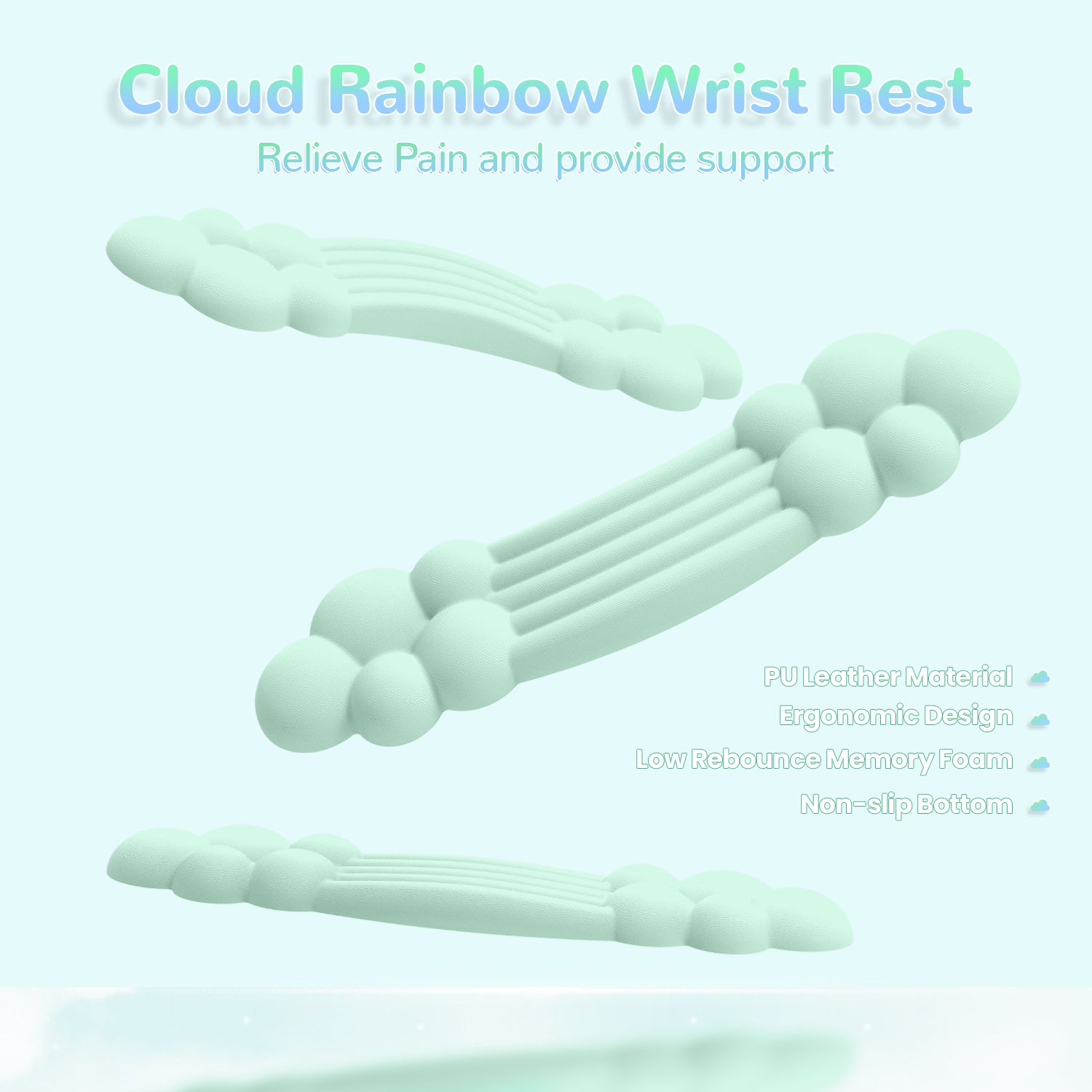 Light blue rainbow wrist rest with ergonomic design and non-slip base for comfort.