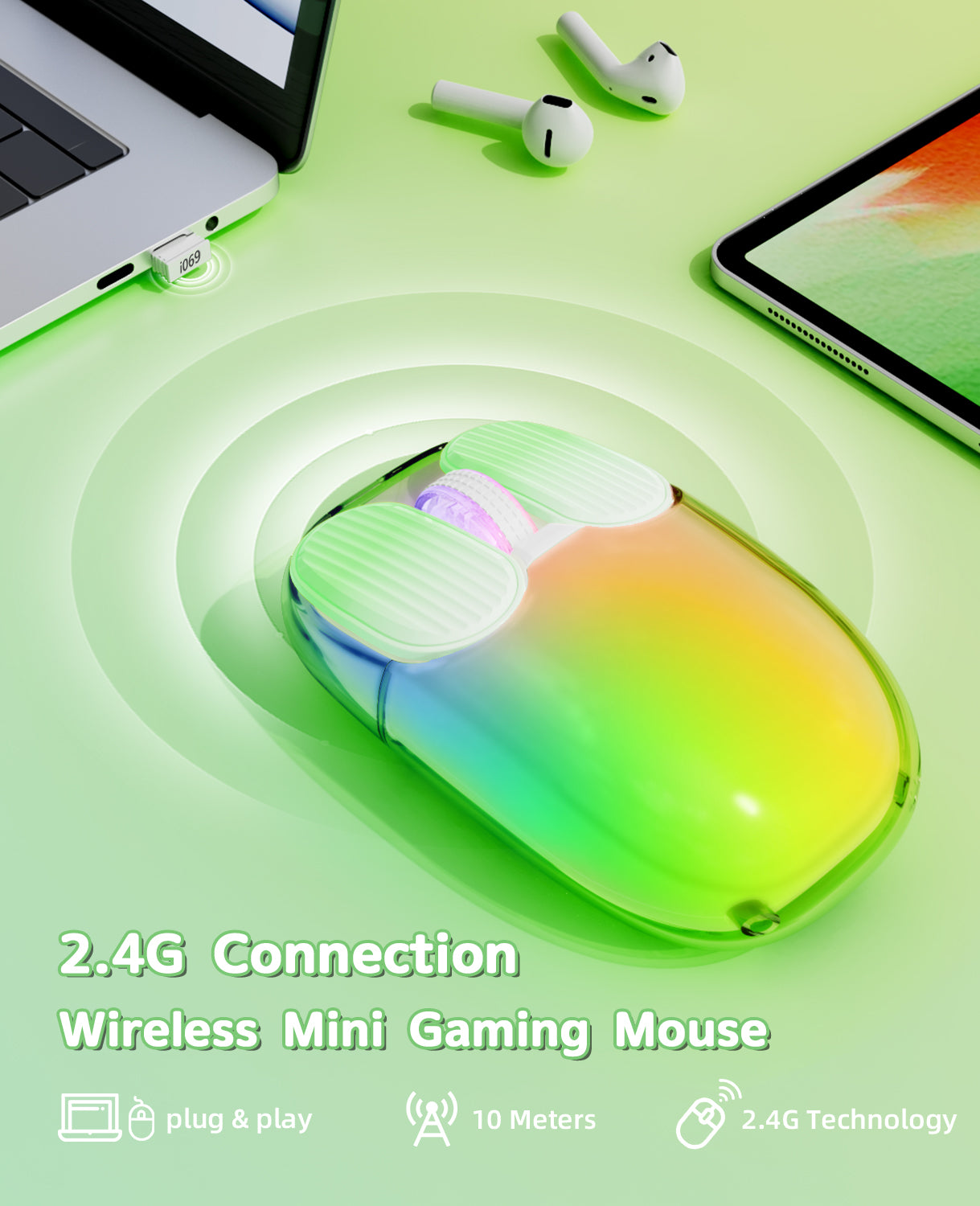 Attack Shark I069 Mini Gaming Mouse with 2.4G connection and RGB backlight effects.