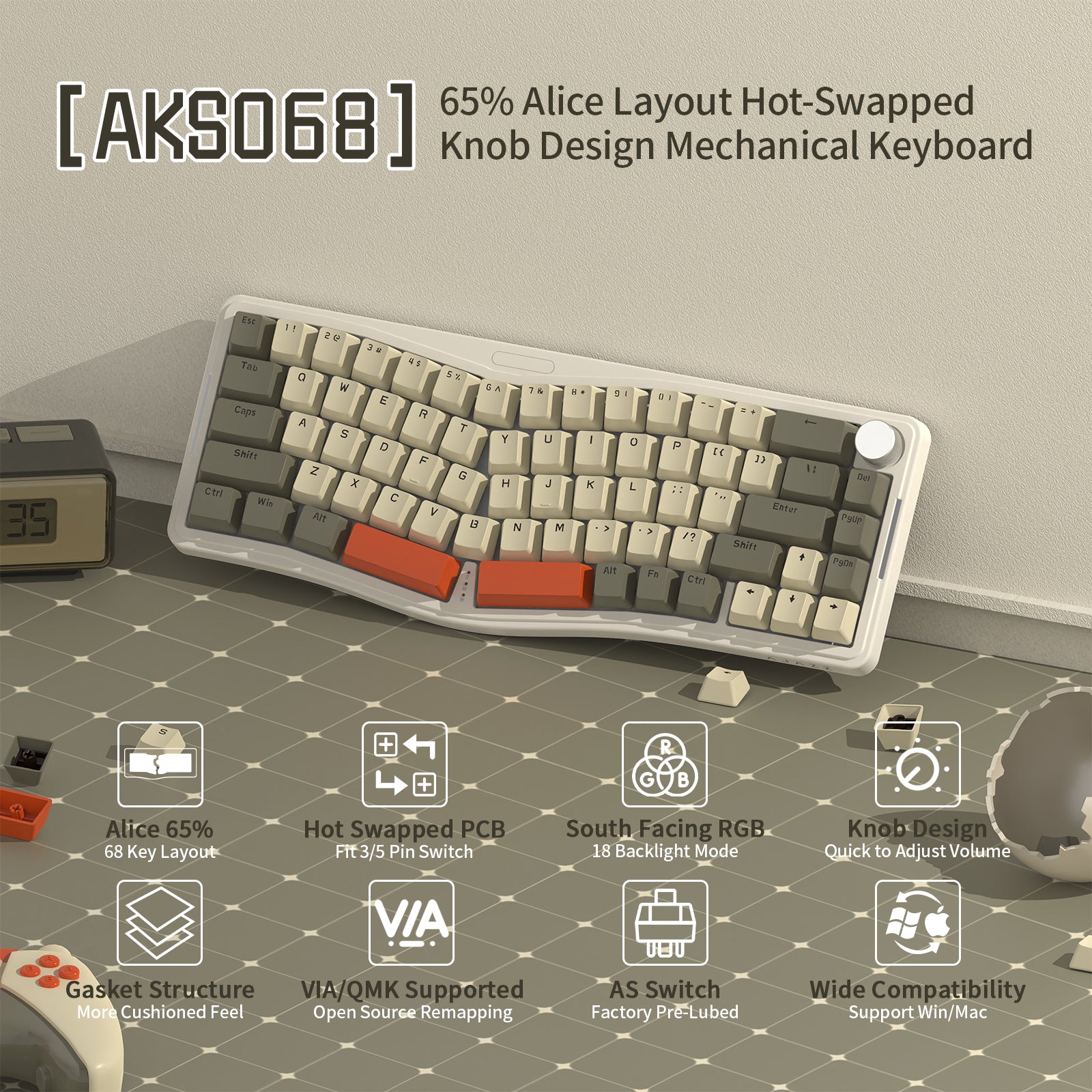 AKS068 Alice Mechanical Keyboard with 65% layout, hot-swappable PCB, and media control knob.