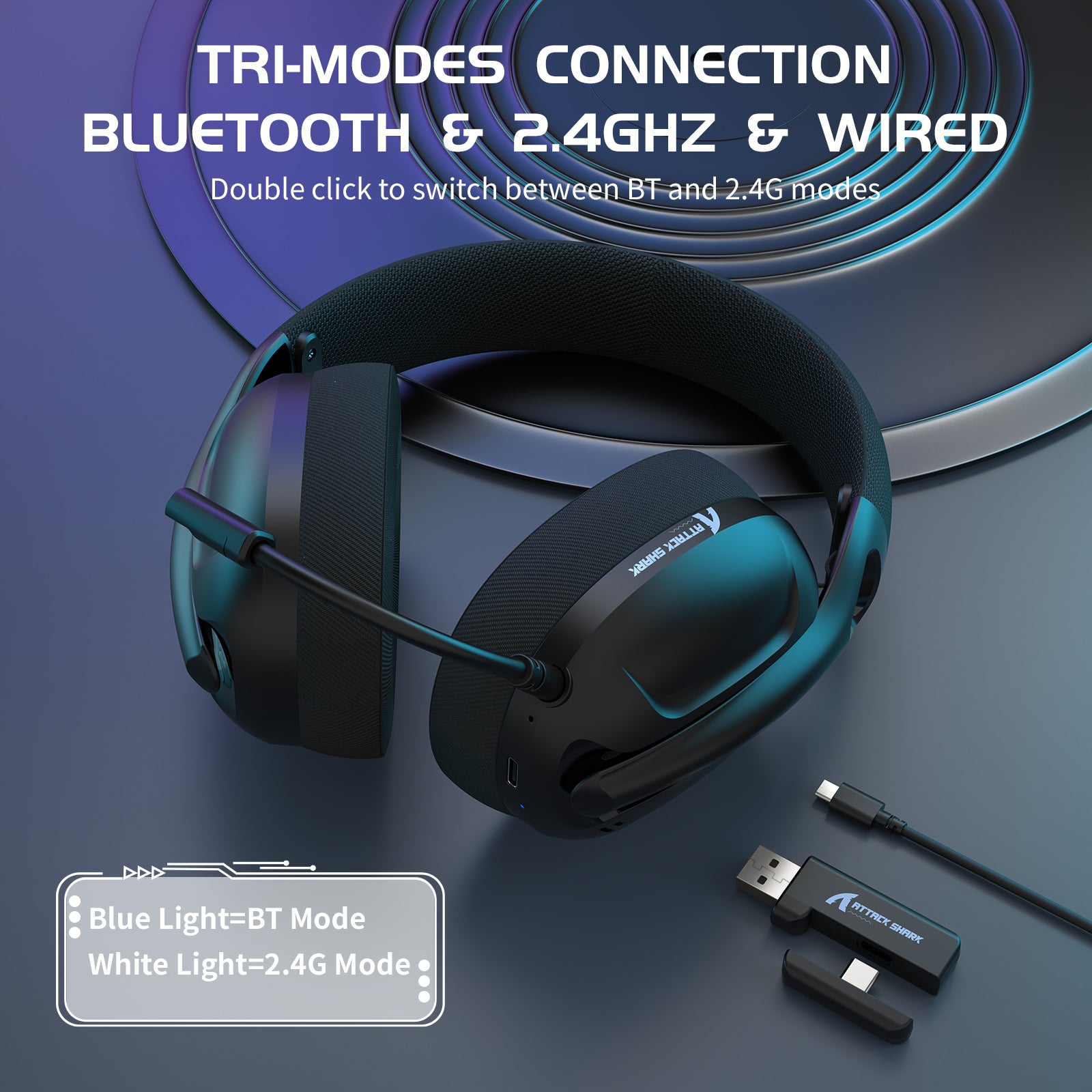 Attack Shark L80 gaming headset with tri-mode connection displayed alongside USB dongle.