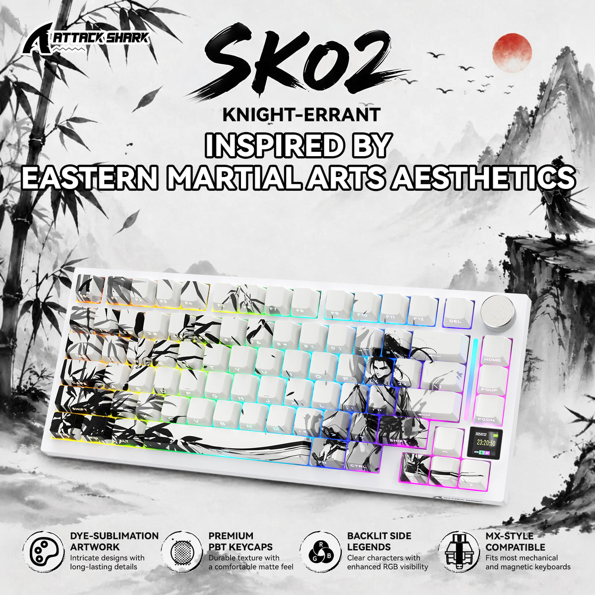 ATTACK SHARK SK02, 129 teclas, teclas PBT con impresión lateral, ANSI/ISO, caballero andante