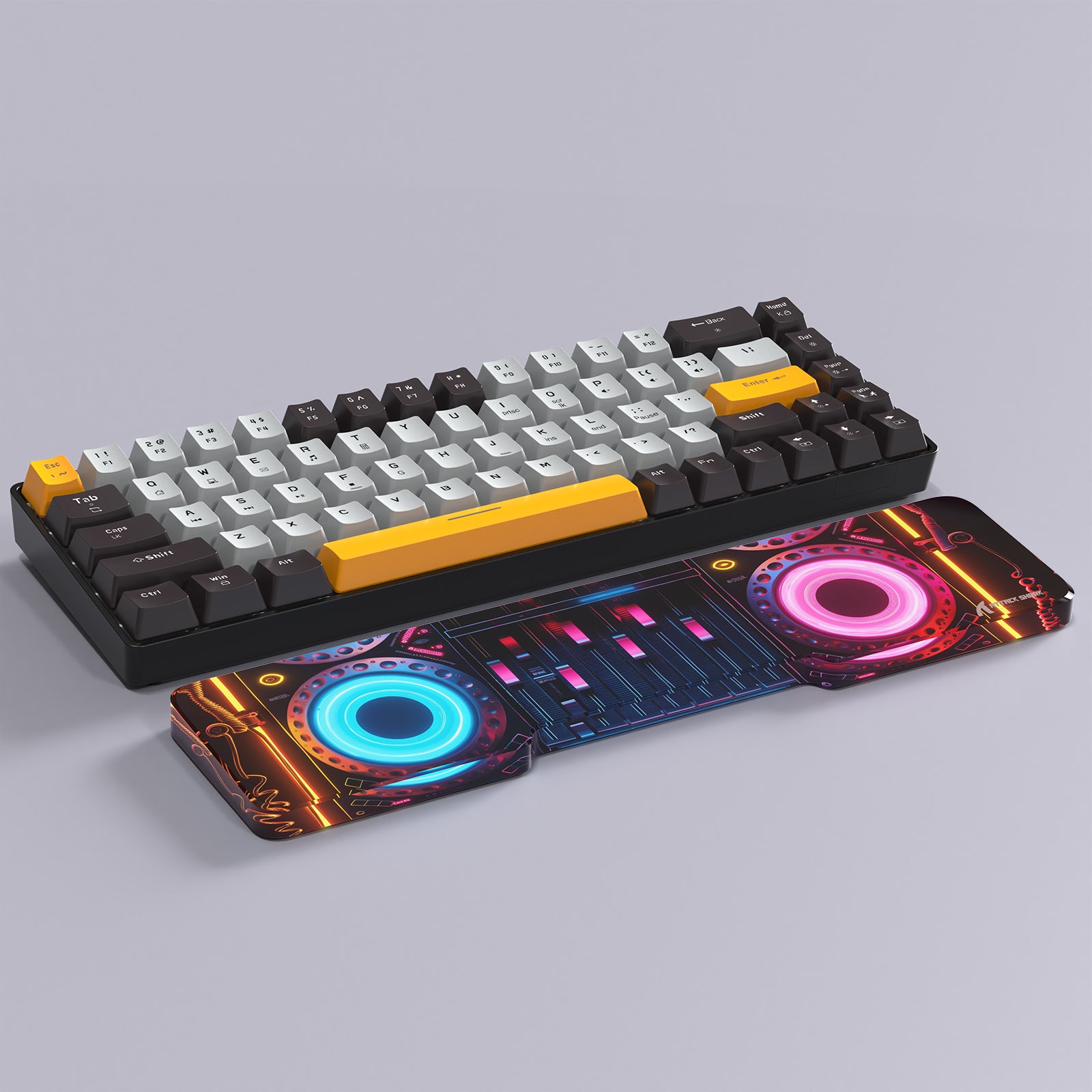 Punk-themed acrylic wrist rest with DJ mixer design under a mechanical keyboard.