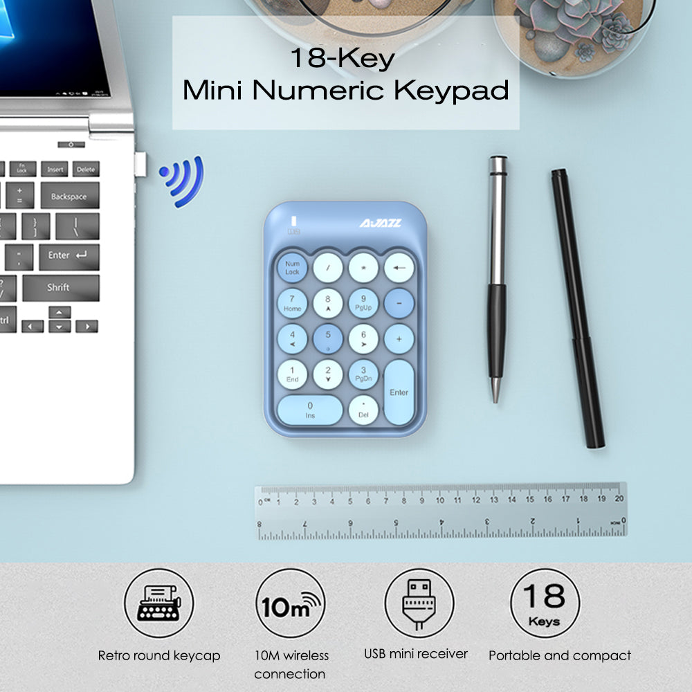 Light blue 18-key mini numeric keypad with retro keycaps and USB receiver.