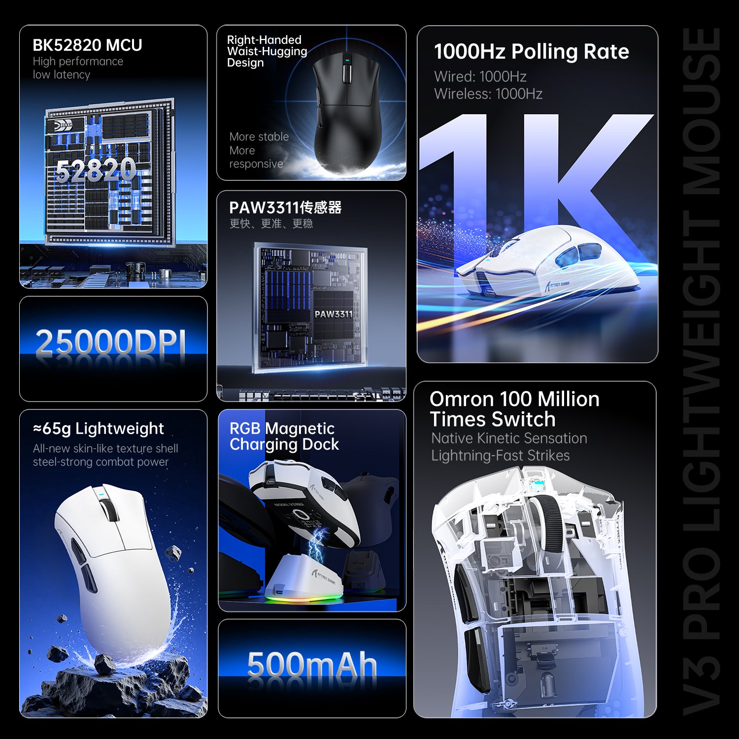 ATTACK SHARK V3PRO Ultra-Light Tri-Mode Gaming Mouse with Charge Dock