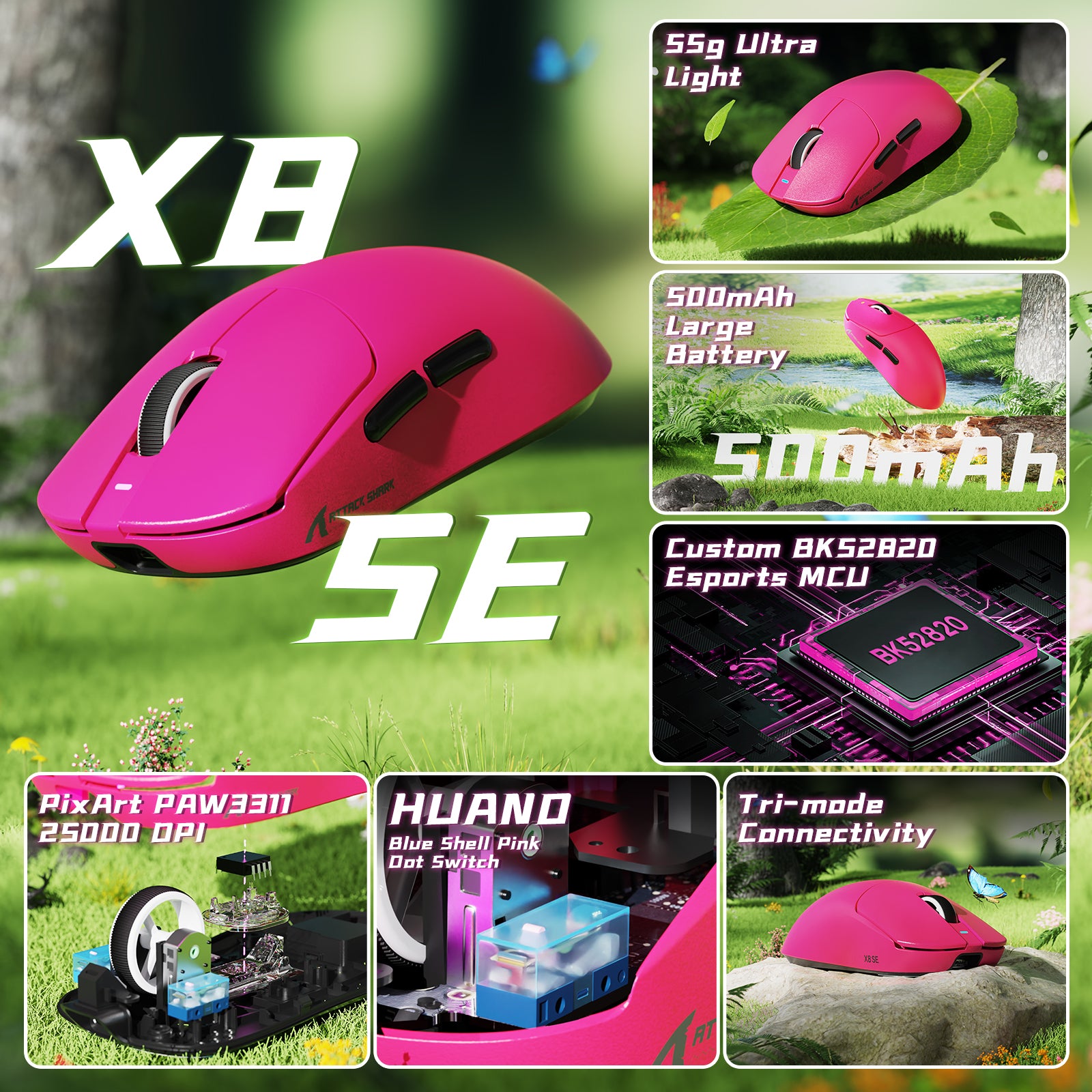 Ratón inalámbrico para juegos ATTACK SHARK X8SE de tres modos, ultraligero, de 25 000 DPI