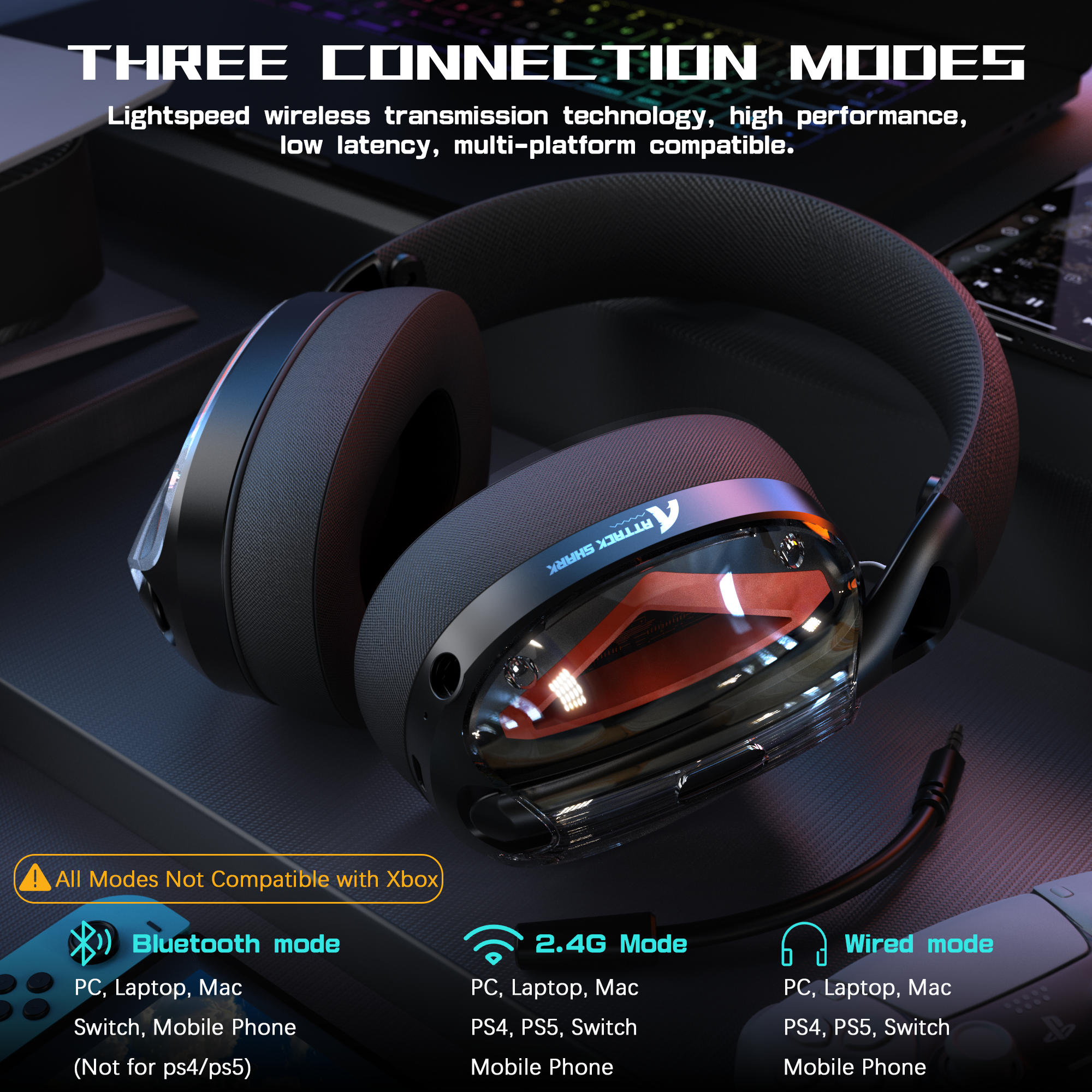 L60 gaming headset highlighting three connection modes: Bluetooth, 2.4G, wired for versatile use.