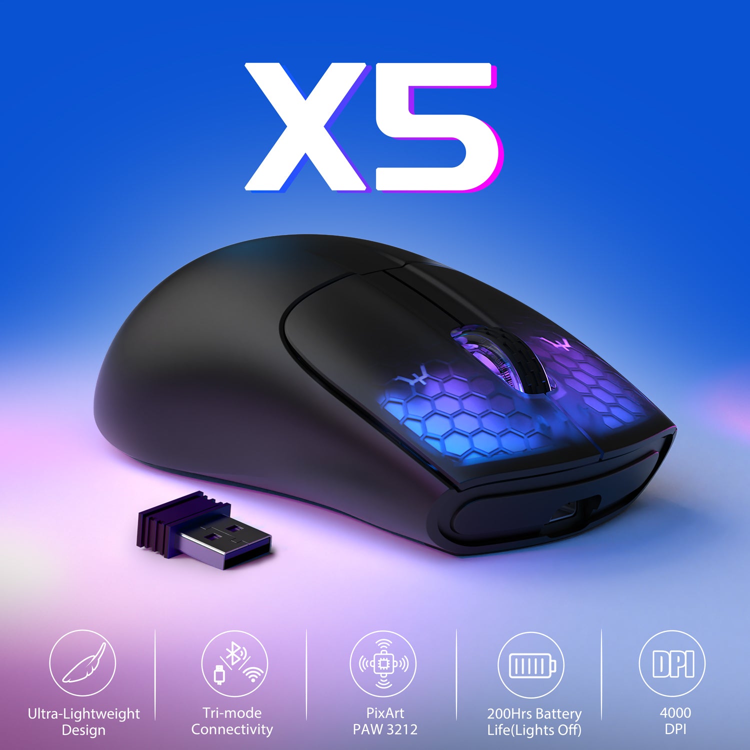 Black Attack Shark X5 gaming mouse with RGB backlighting and USB receiver