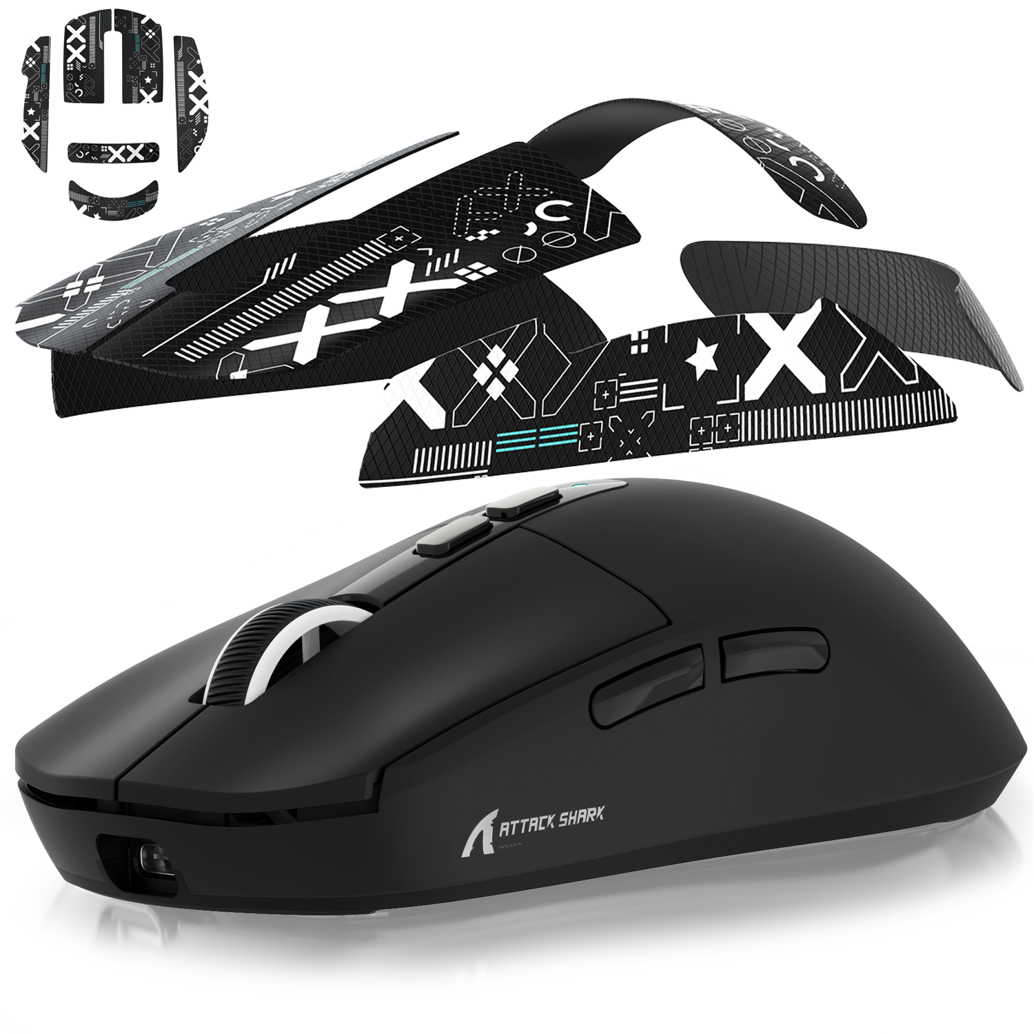 Black gaming mouse with colorful geometric grip tape sheets for enhanced grip and customization.