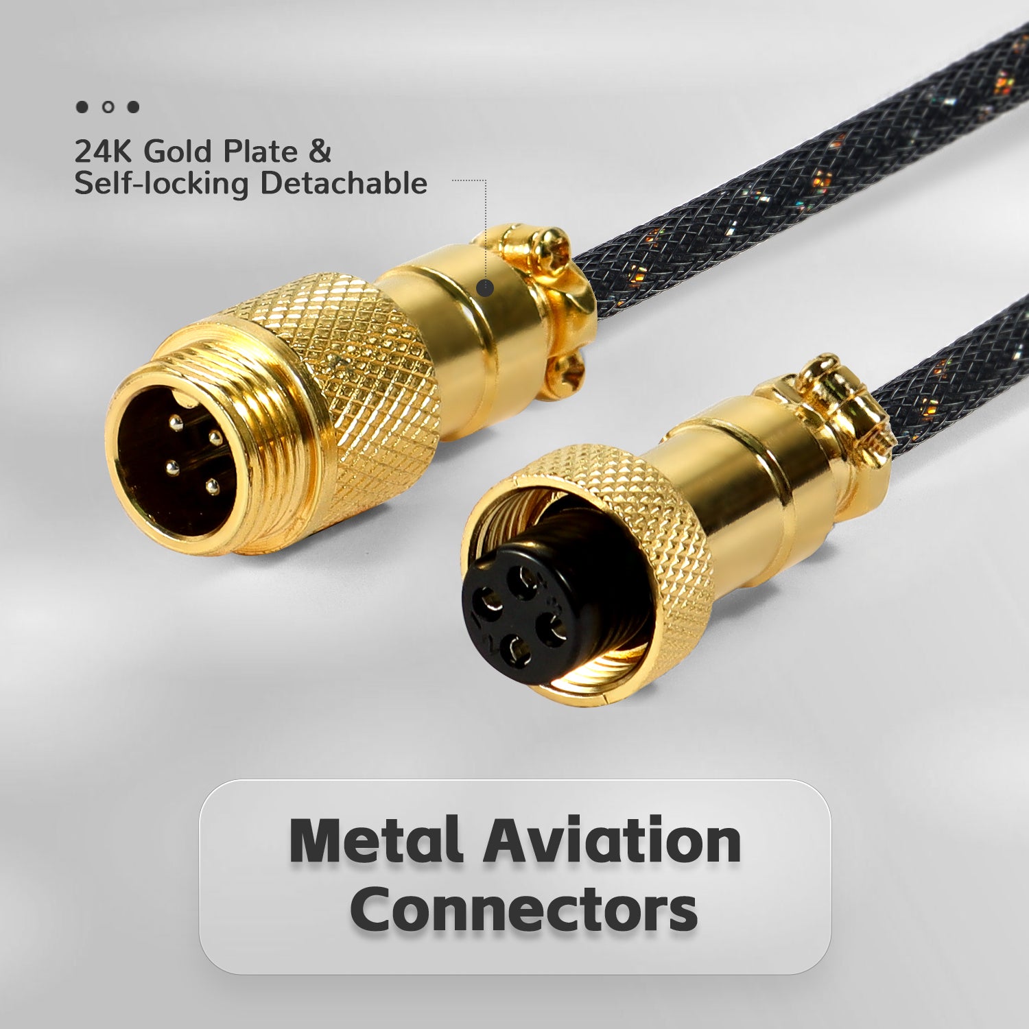 Close-up of gold-plated metal aviation connectors for USB-C keyboard cable