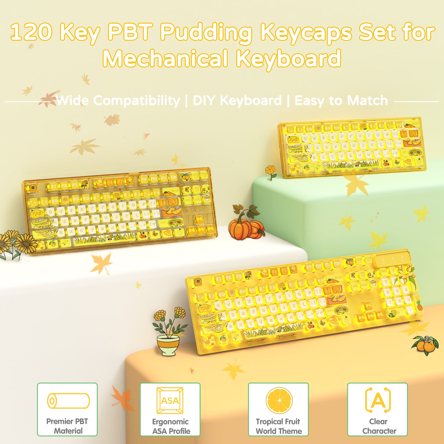 Tropical fruit-themed 120 key PBT pudding keycaps set for mechanical keyboards.