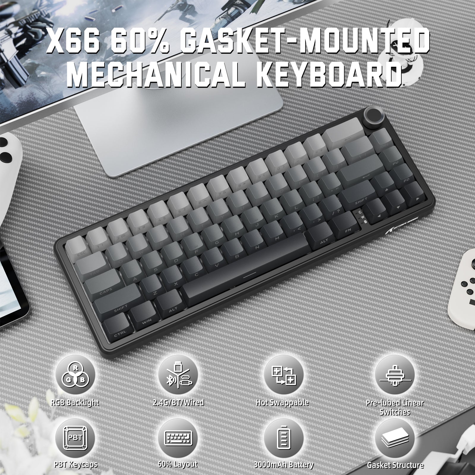 Teclado mecánico inalámbrico ATTACK SHARK X66 con teclas PBT impresas en el lateral