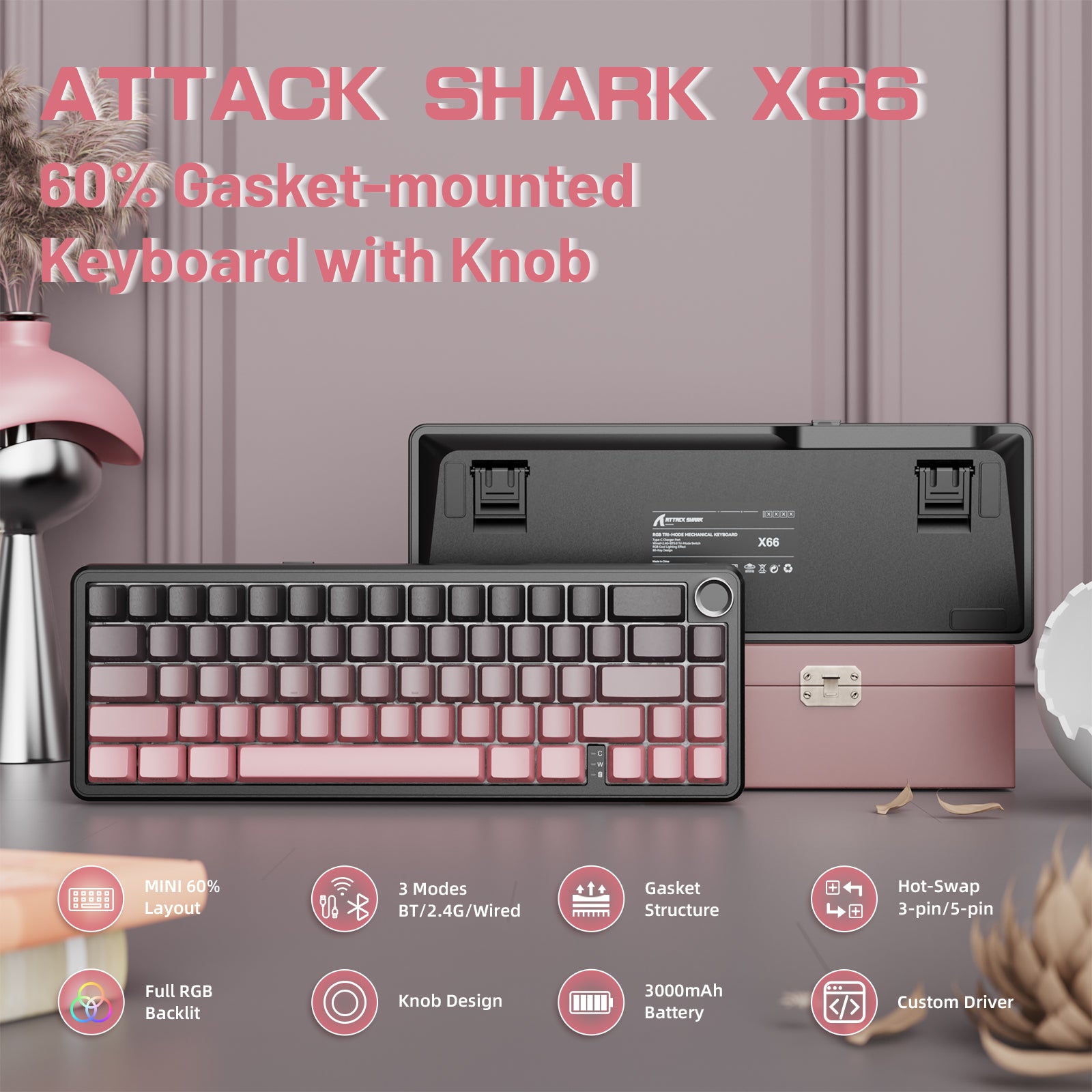 Teclado mecánico inalámbrico ATTACK SHARK X66 con cable en espiral de 8K