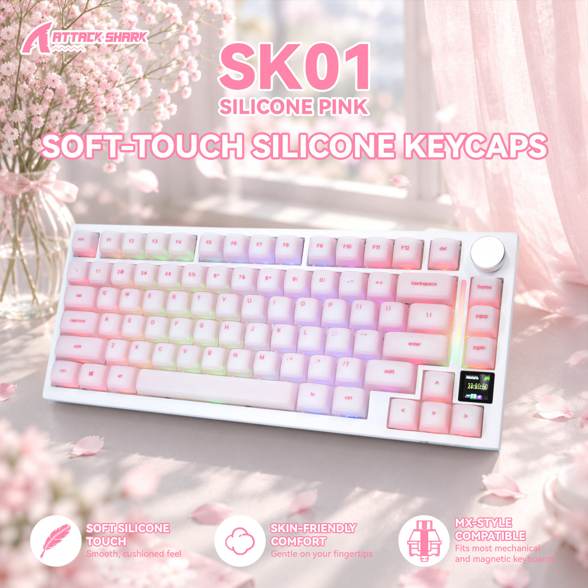 ATTACK SHARK SK01, juego de 113 teclas con teclas de silicona, perfil Cherry, ANSI, rosa
