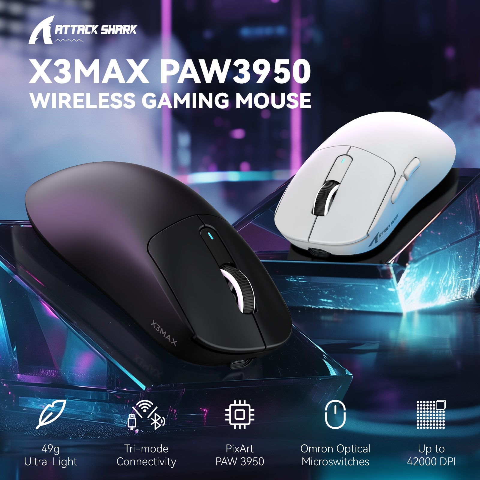 Attack Shark X3MAX PAW3950 black and white wireless gaming mouse with key specs