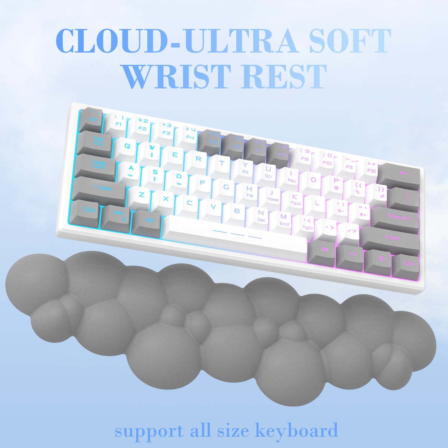 Cloud-shaped ultra-soft wrist rest in gray beside vibrant RGB mechanical keyboard.