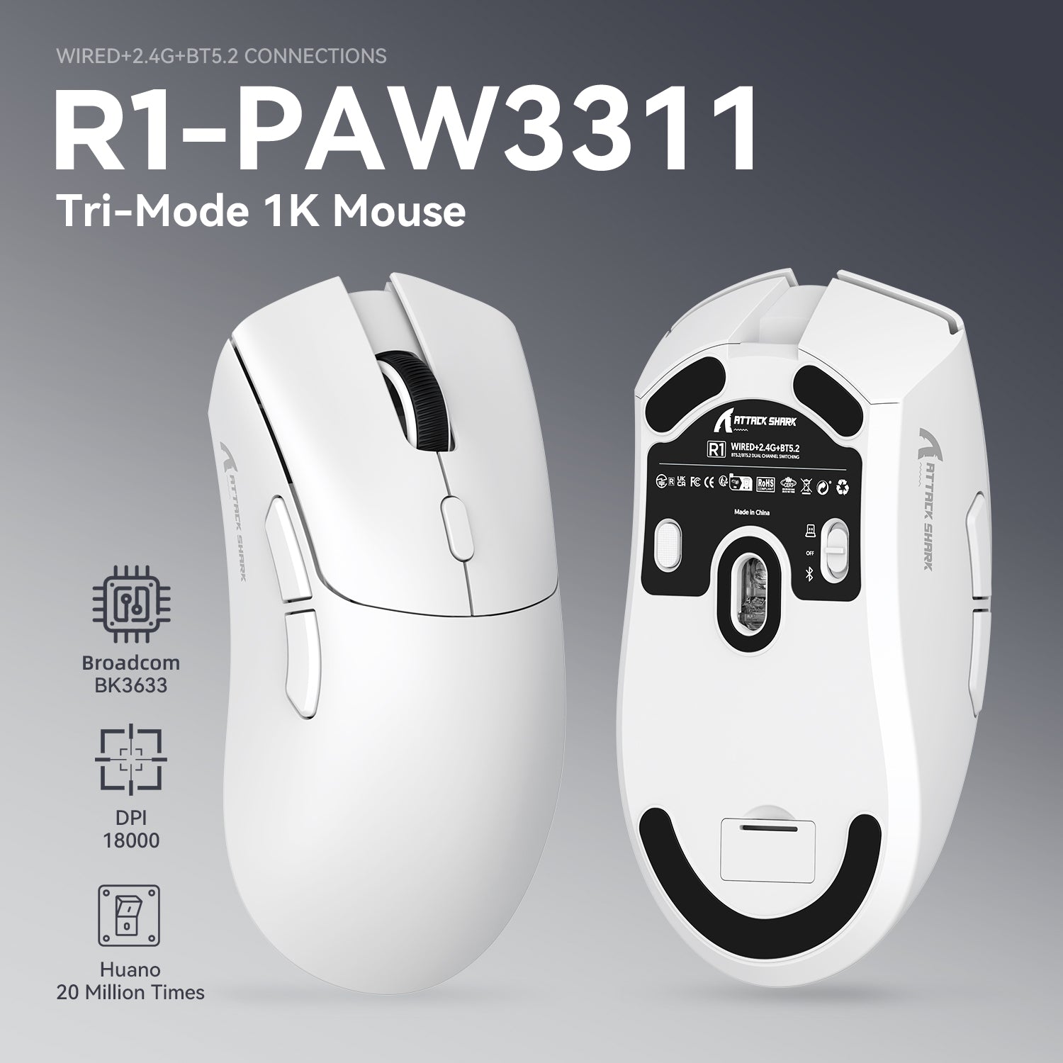 R1-PAW3311 Tri-Mode 1K Gaming Mouse in white with DPI 18000 and ergonomic design.