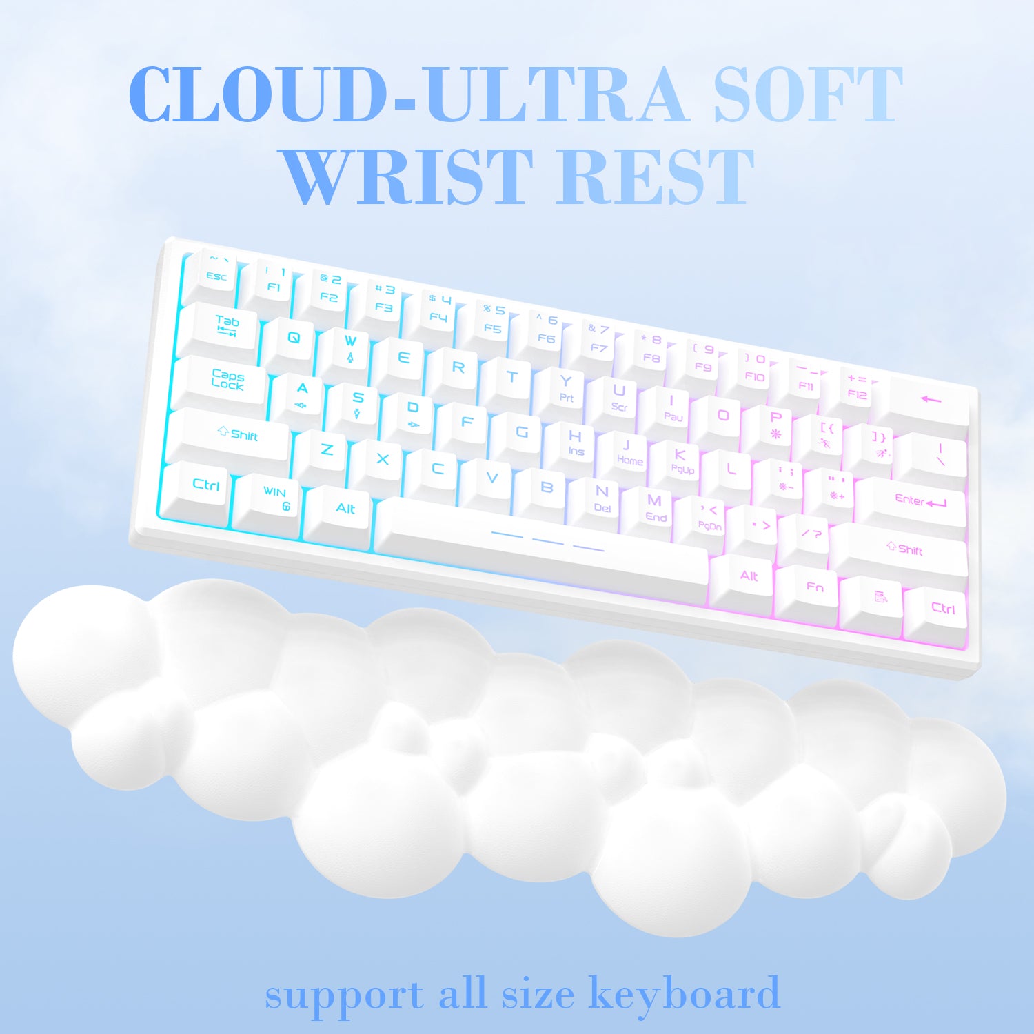 Cloud-shaped wrist rest promoting comfort alongside a bright mechanical keyboard.