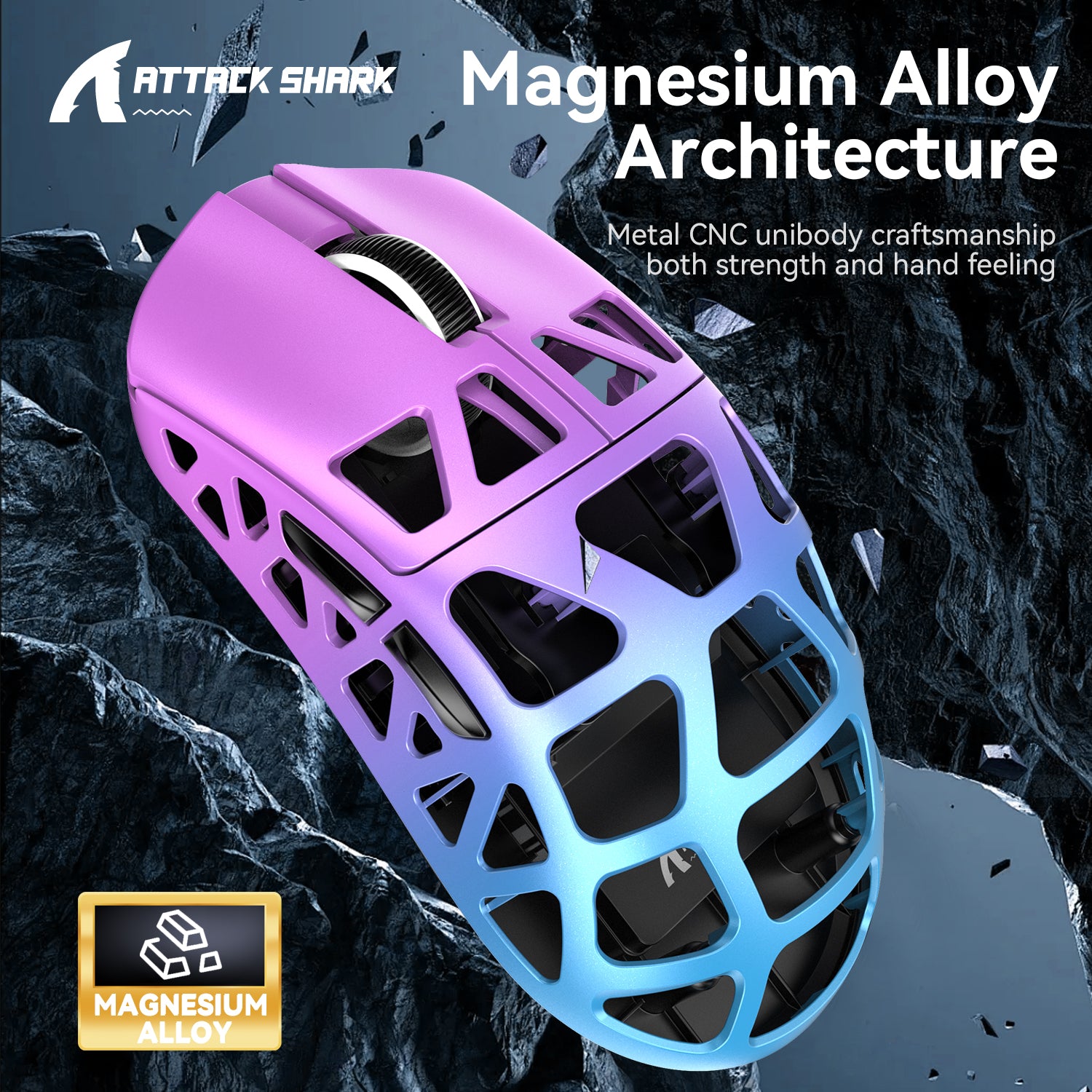 Close-up of Attack Shark R3 gaming mouse showcasing magnesium alloy structure and design.