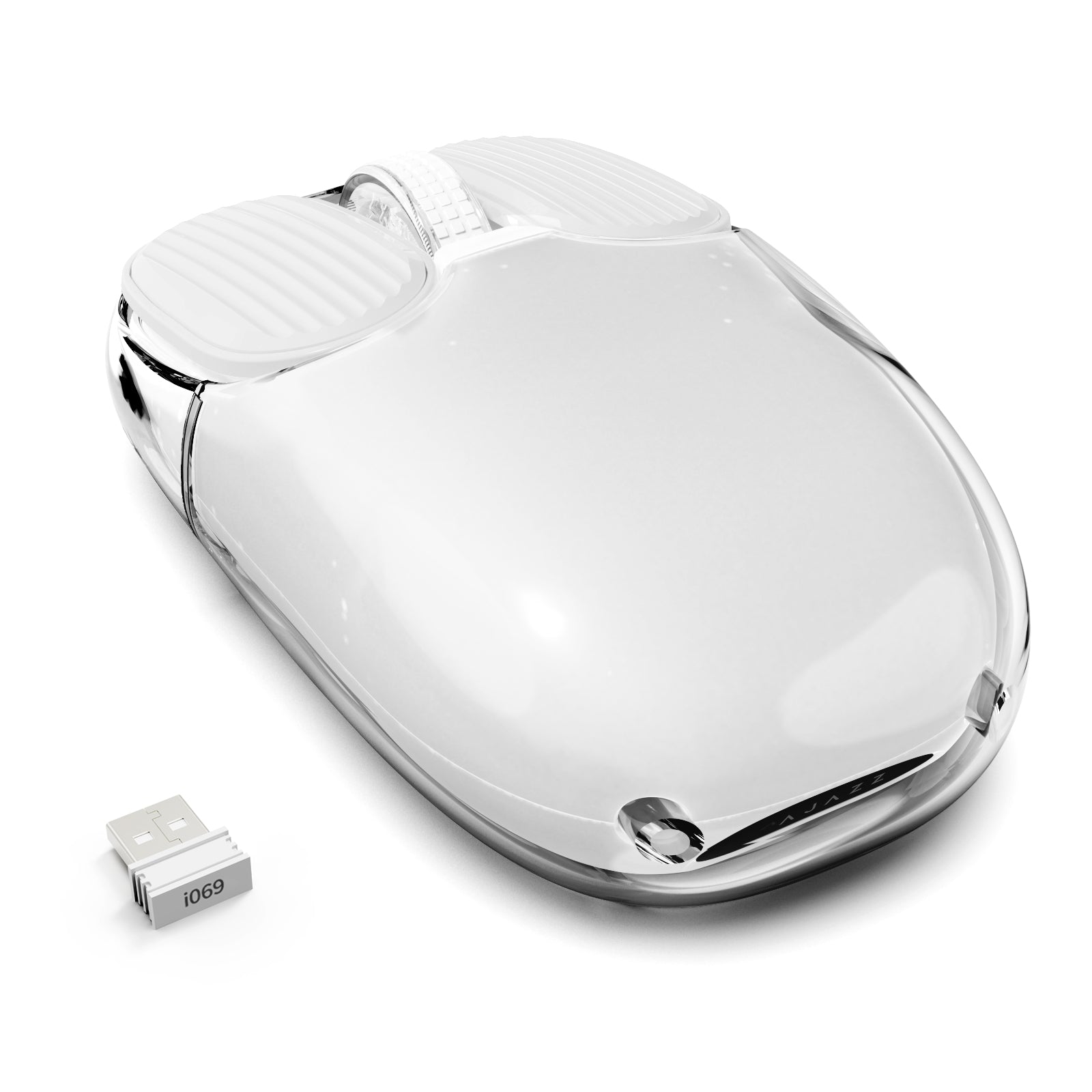 Transparent Attack Shark I069 Mini Wireless Mouse with USB receiver.