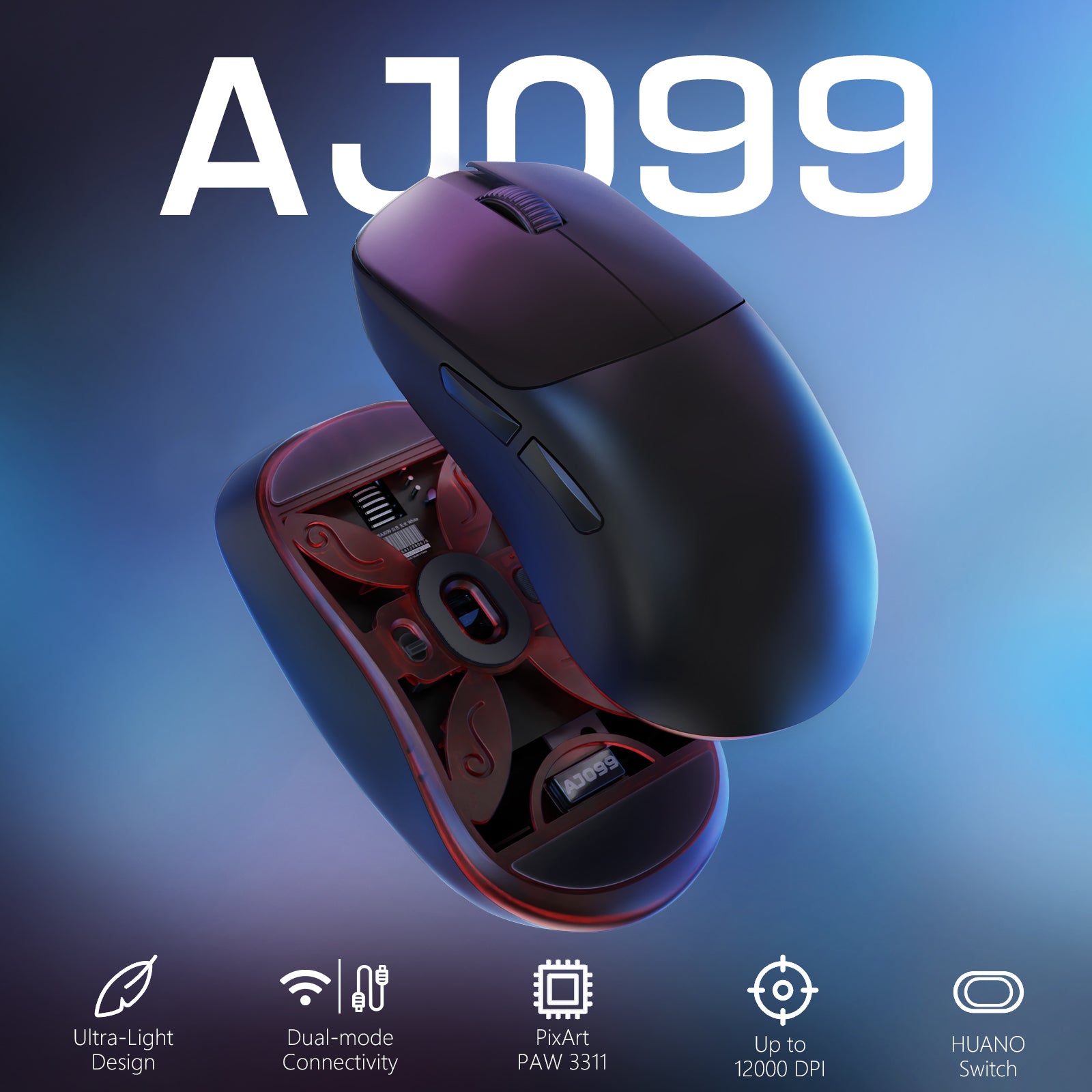 AJAZZ AJ099 black gaming mouse highlighting ultra-light design and PixArt PAW3311 sensor