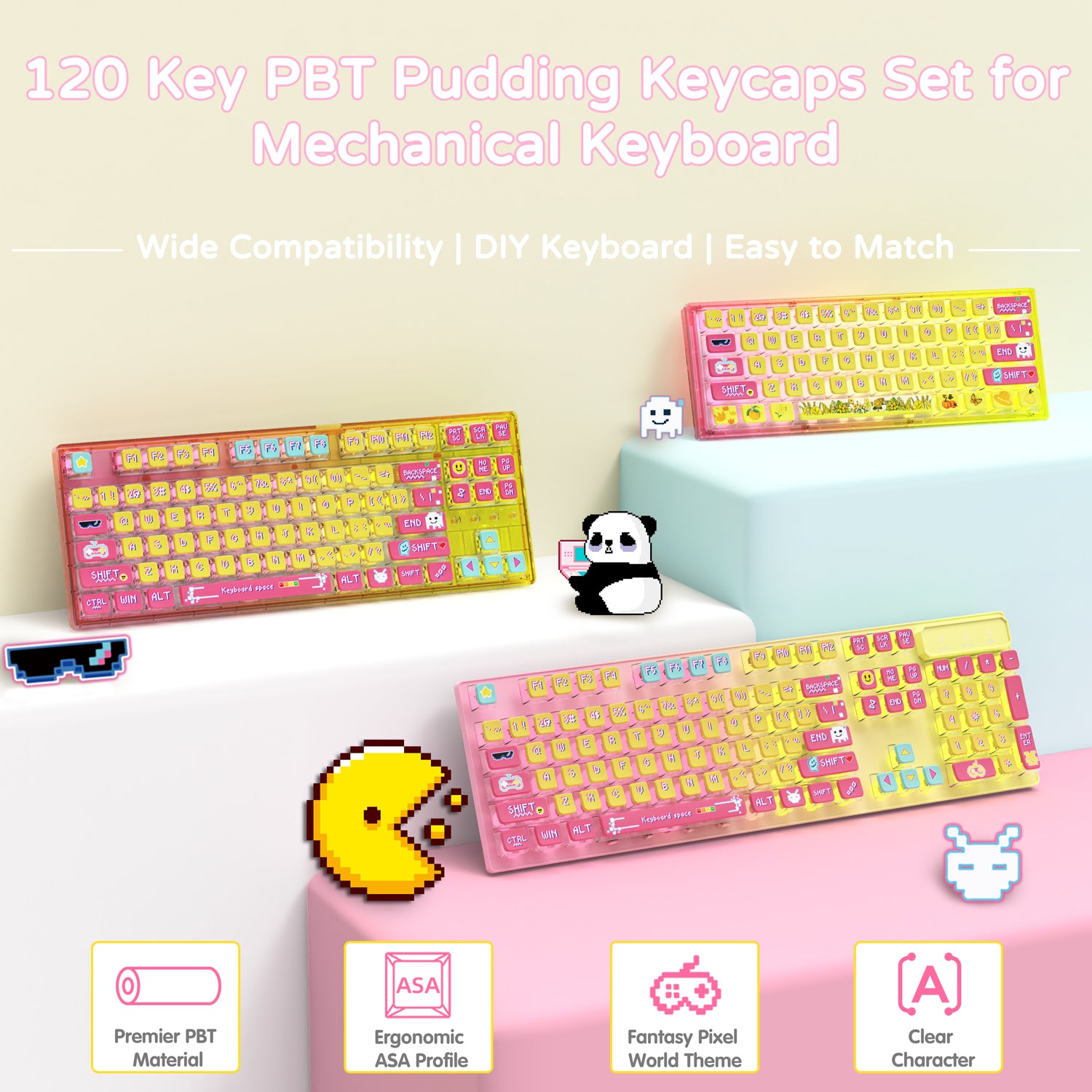 120-key PBT pudding keycaps set with playful designs for mechanical keyboards.