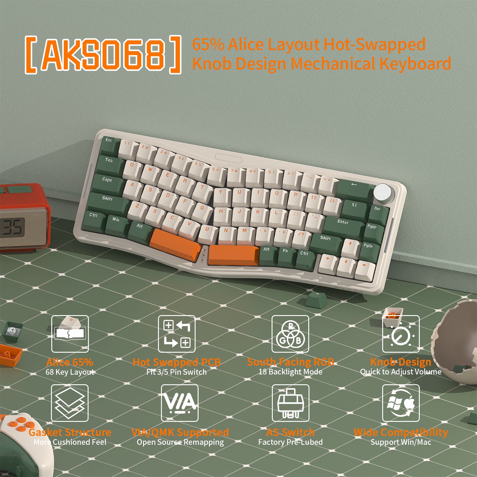 AKS068 Alice Keyboard with green and orange accents, hot-swappable and volume knob features.