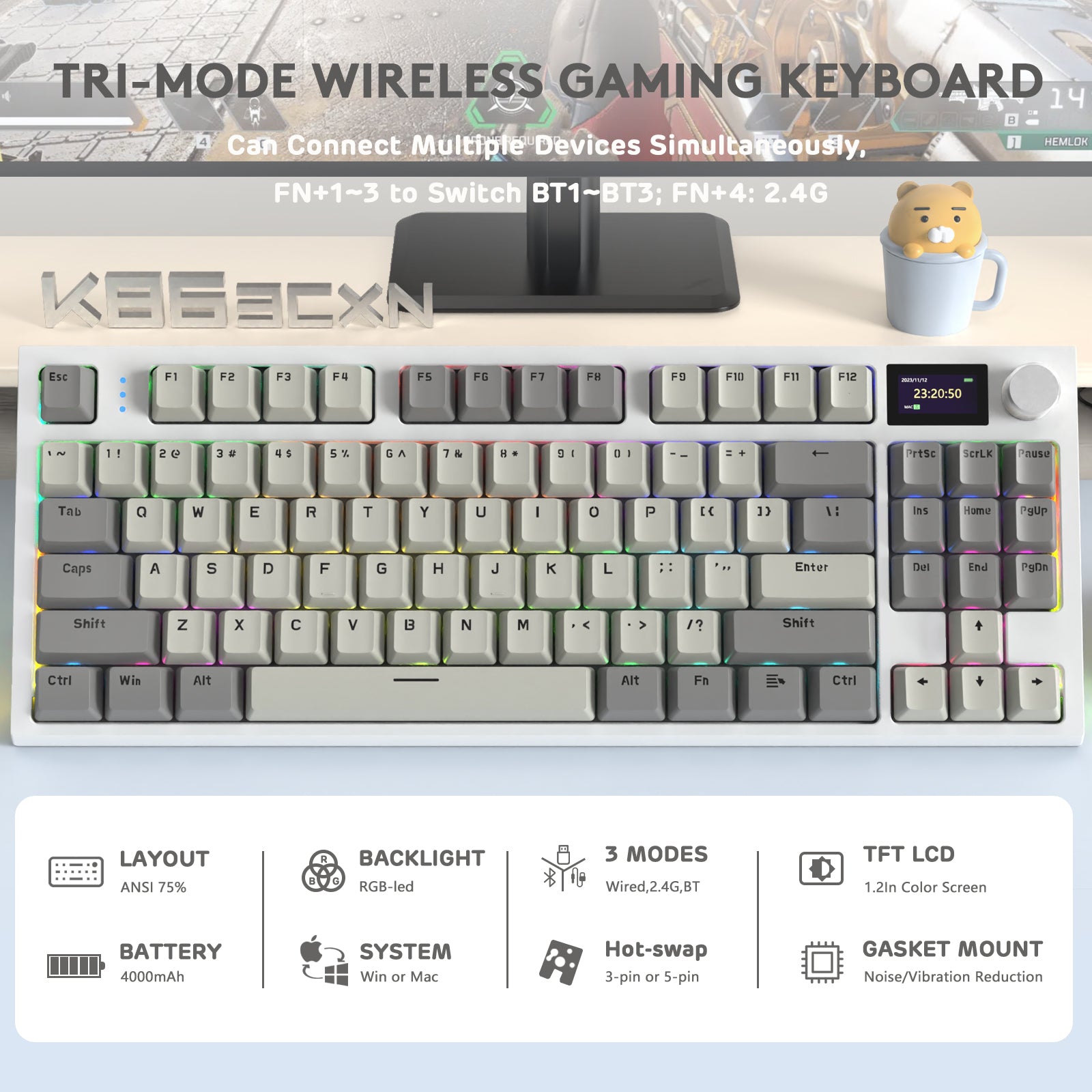 K86PRO wireless gaming keyboard with tri-mode connectivity, RGB lights, and TFT display