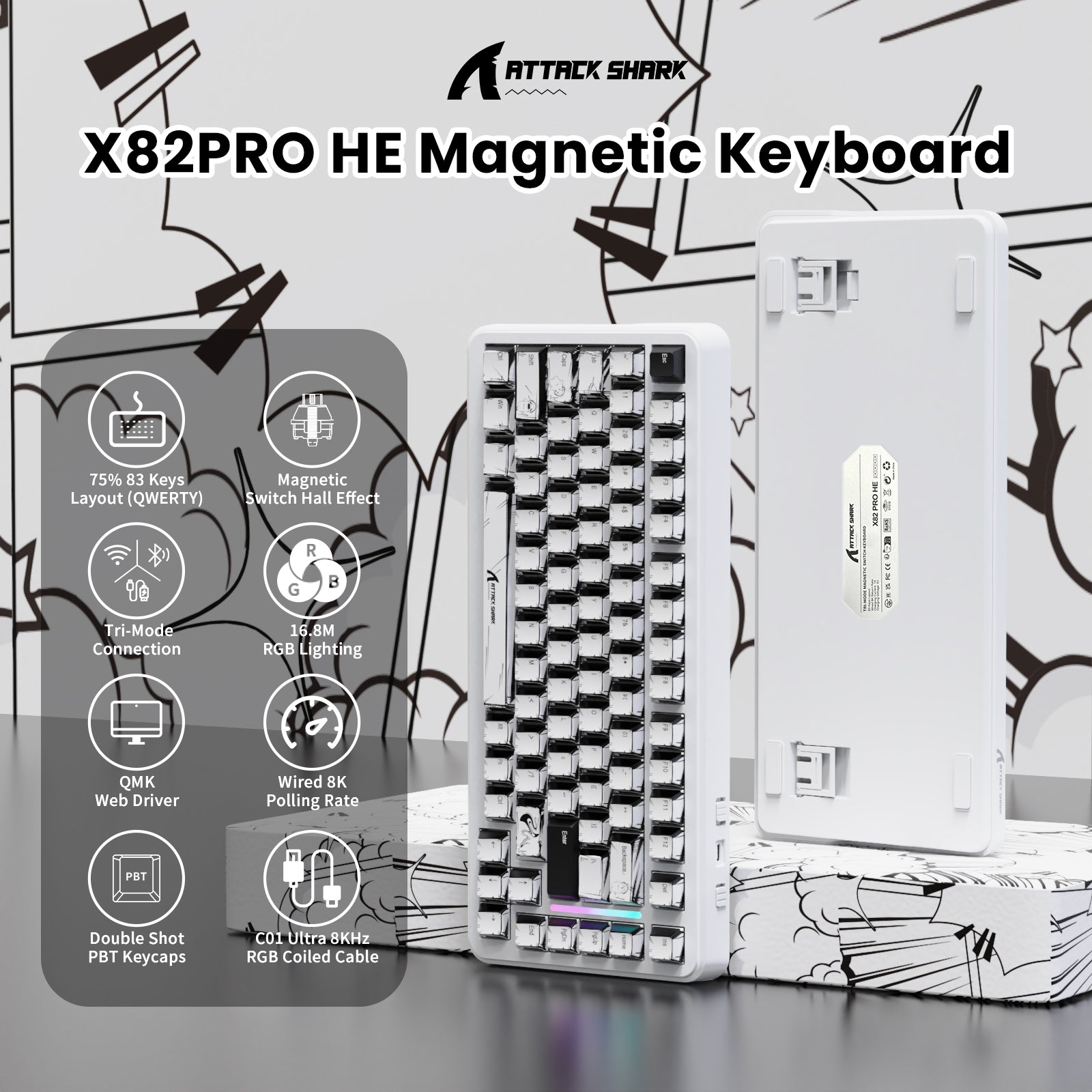 Teclado magnético ATTACK SHARK X82PRO HE con cable en espiral C01Ultra RGB