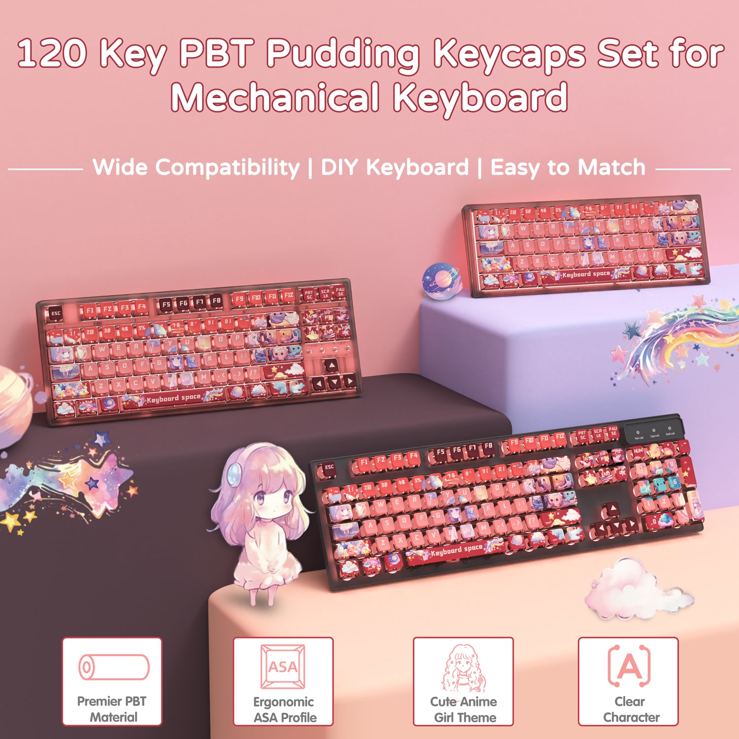 120-key PBT pudding keycaps set for mechanical keyboards with cute character design.