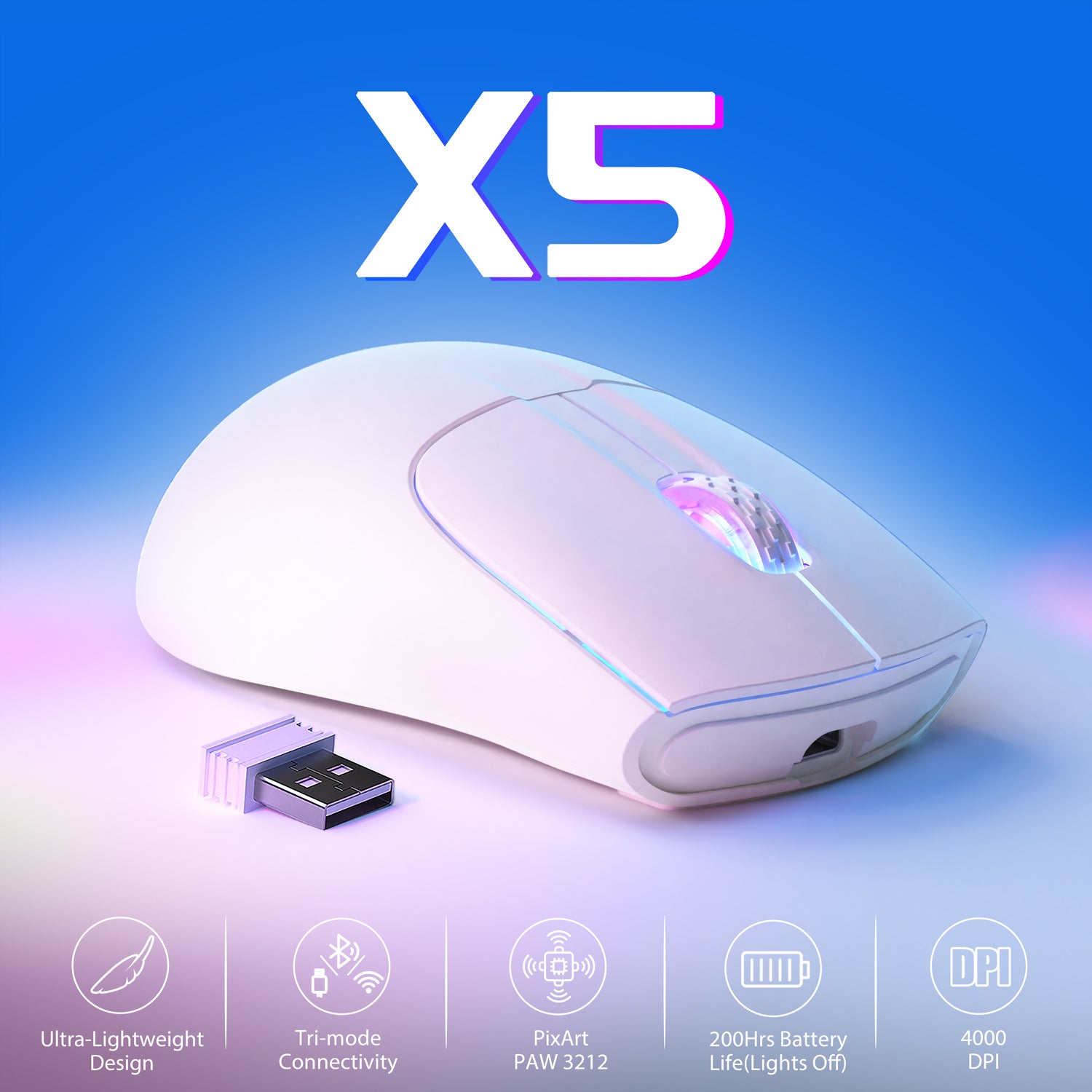 White Attack Shark X5 gaming mouse with RGB lighting and USB receiver