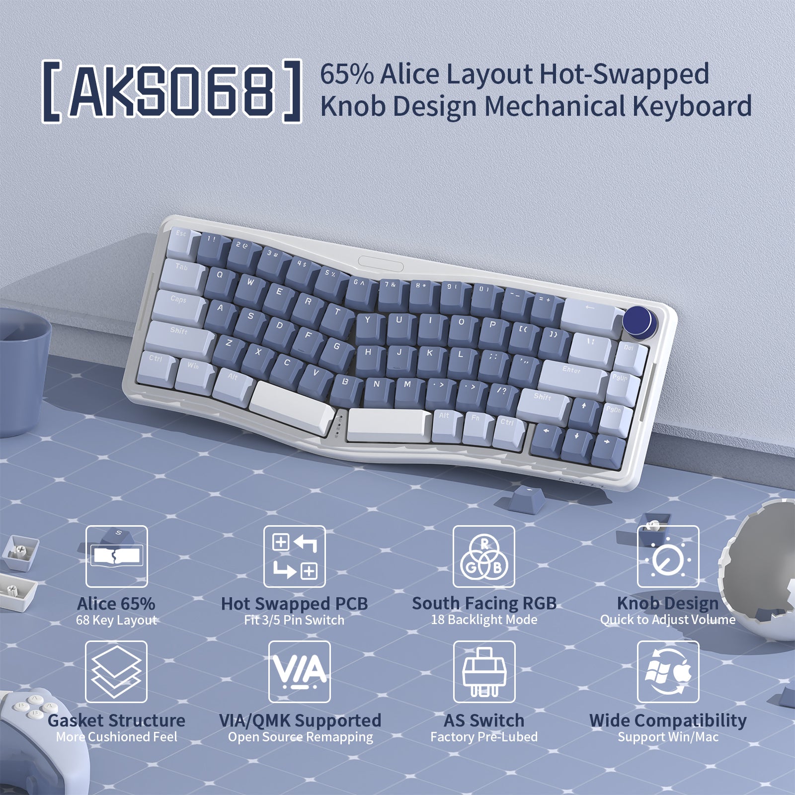 AKS068 Alice Mechanical Keyboard with hot-swappable feature and ergonomic layout.