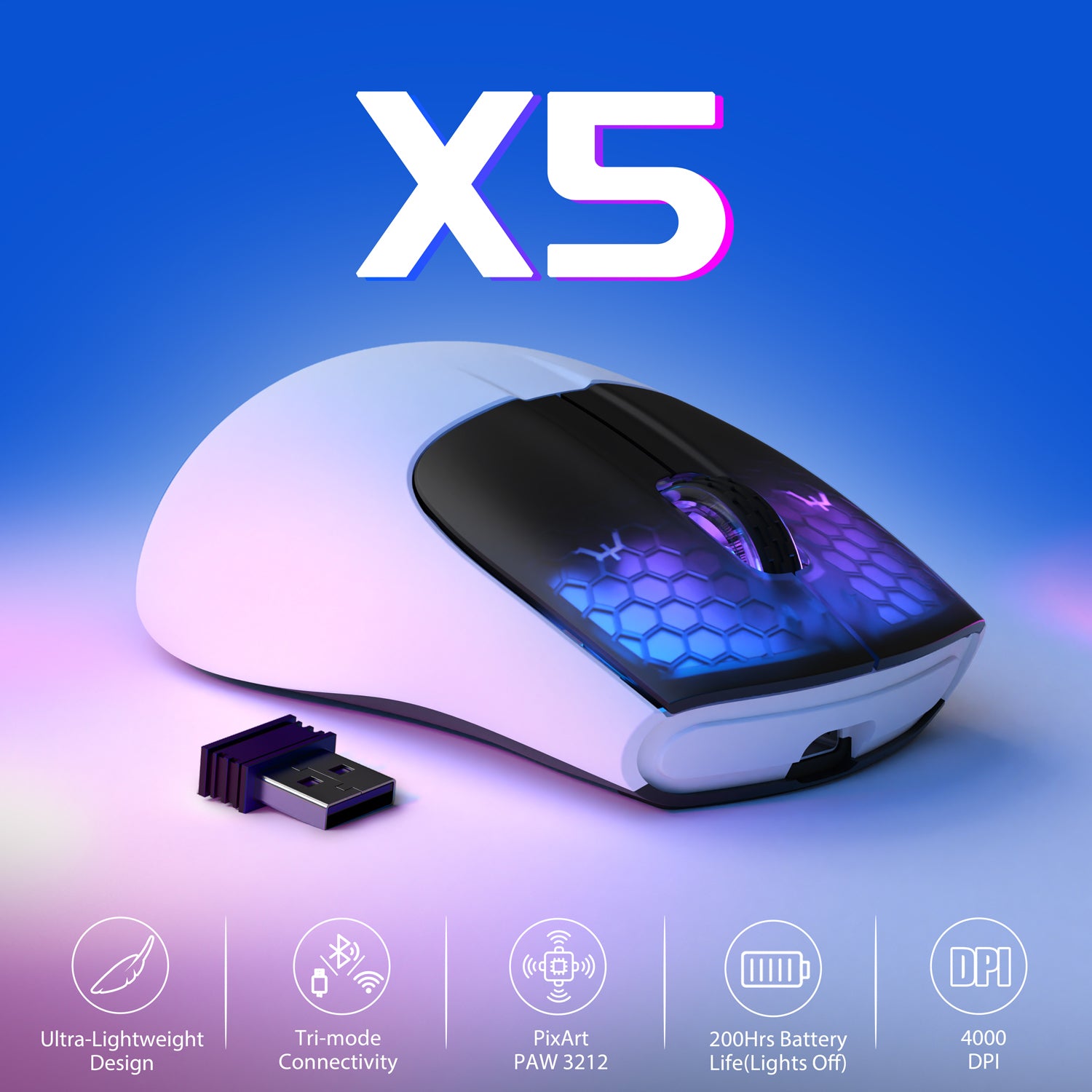 White Attack Shark X5 wireless gaming mouse with RGB lighting and USB receiver features