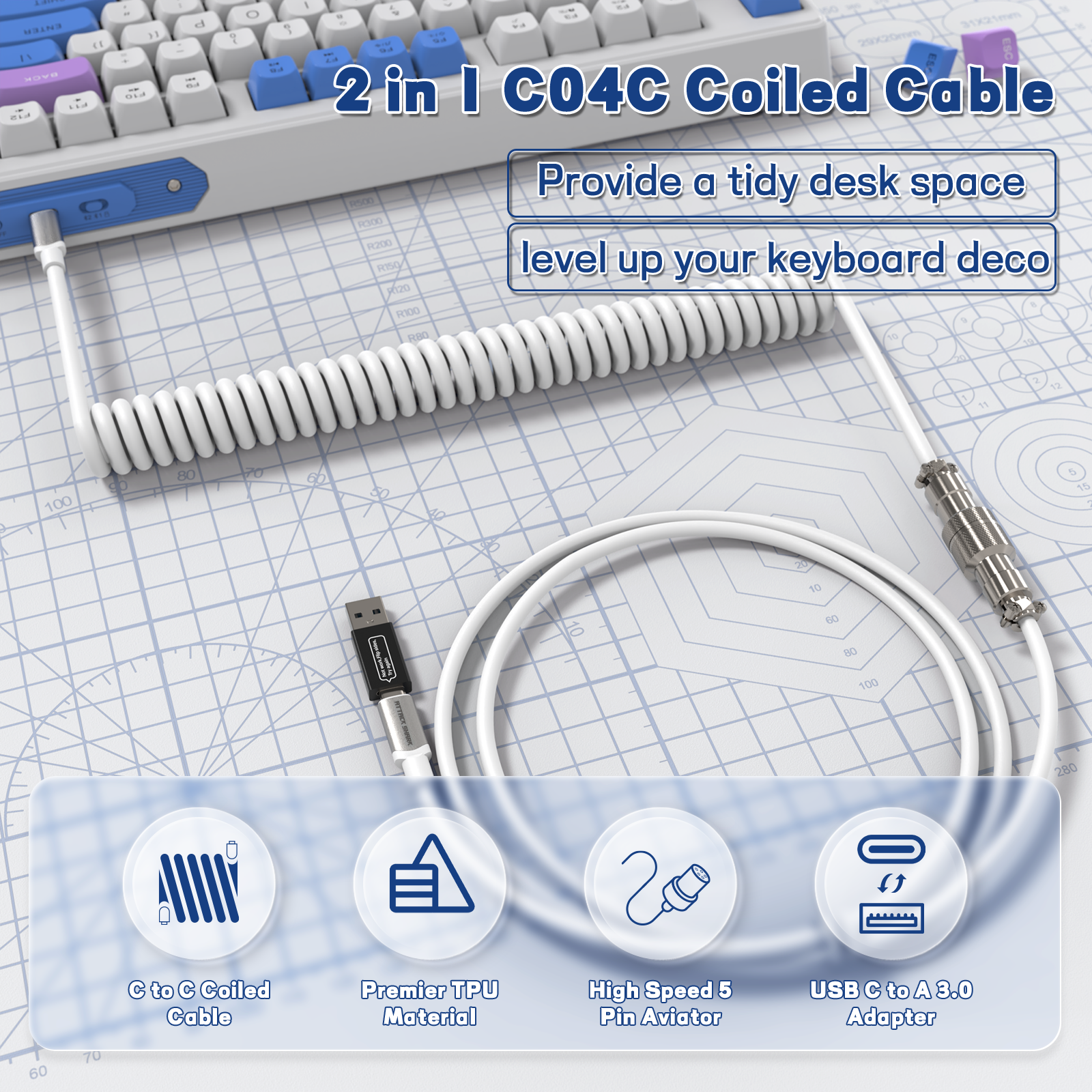 C04-C coiled USB C keyboard cable with adapter for organized desk setup.