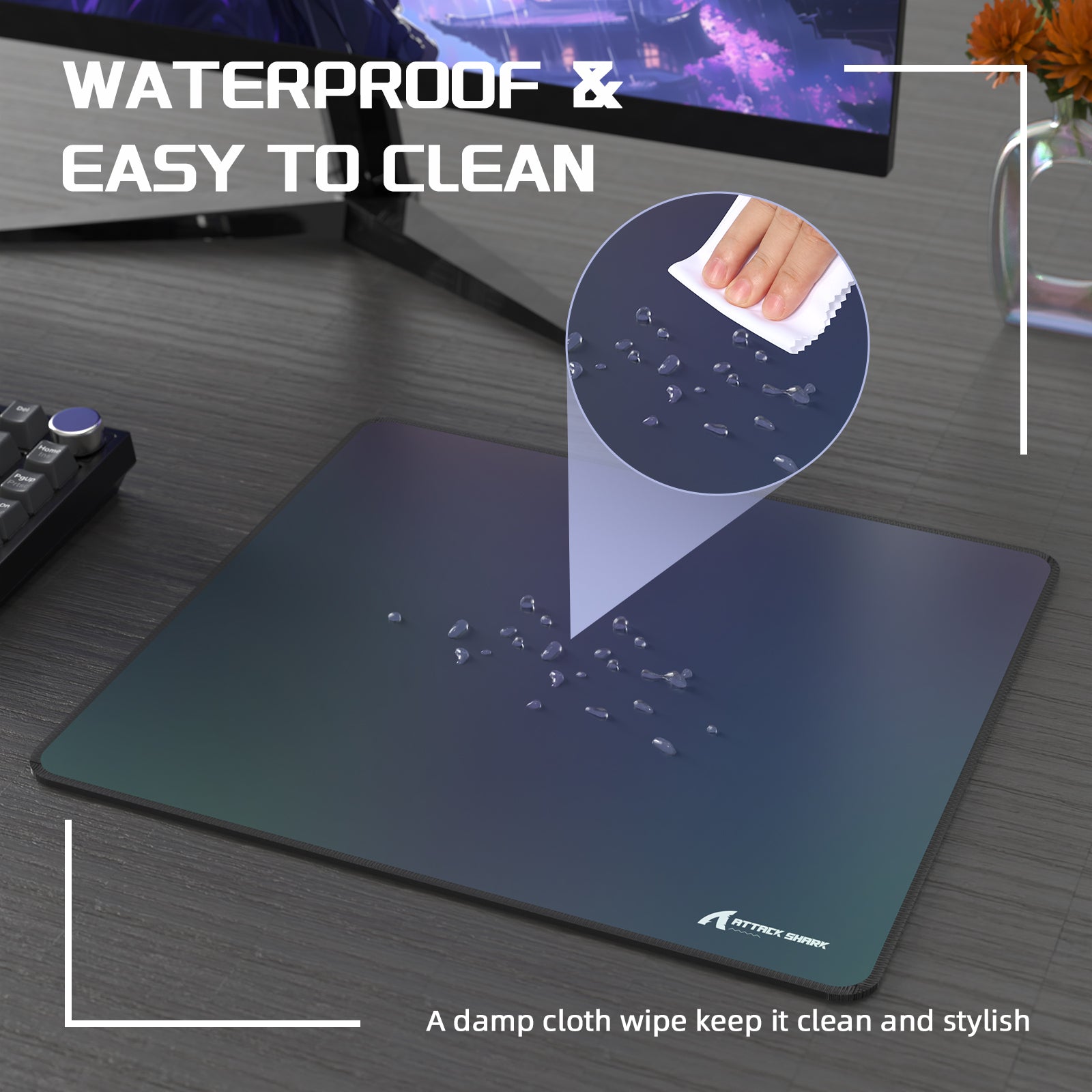 Attack Shark CM03 mouse pad showing water droplets for easy cleaning feature.