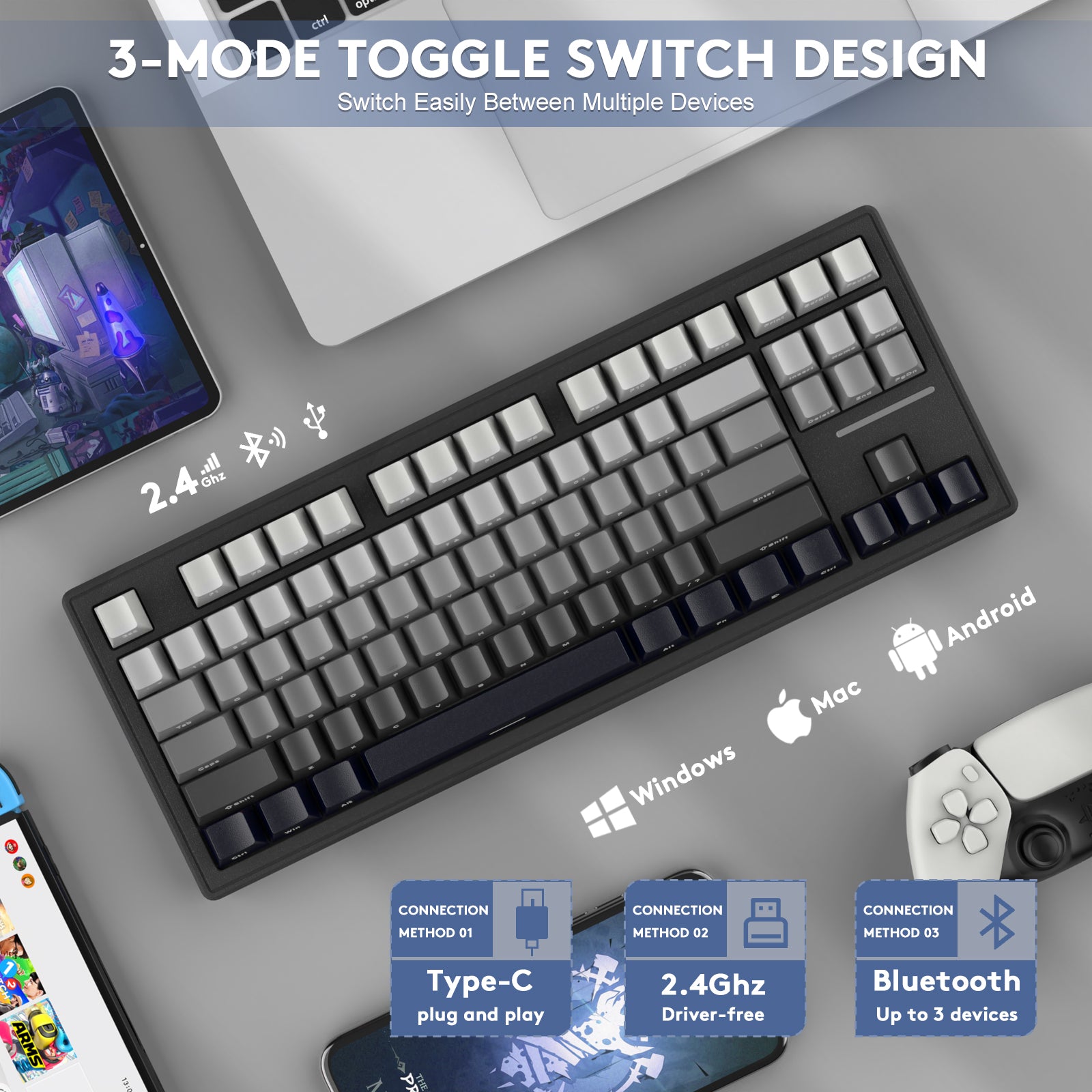 Attack Shark M87 wireless keyboard with 3 connection modes, featuring gradient keycap design