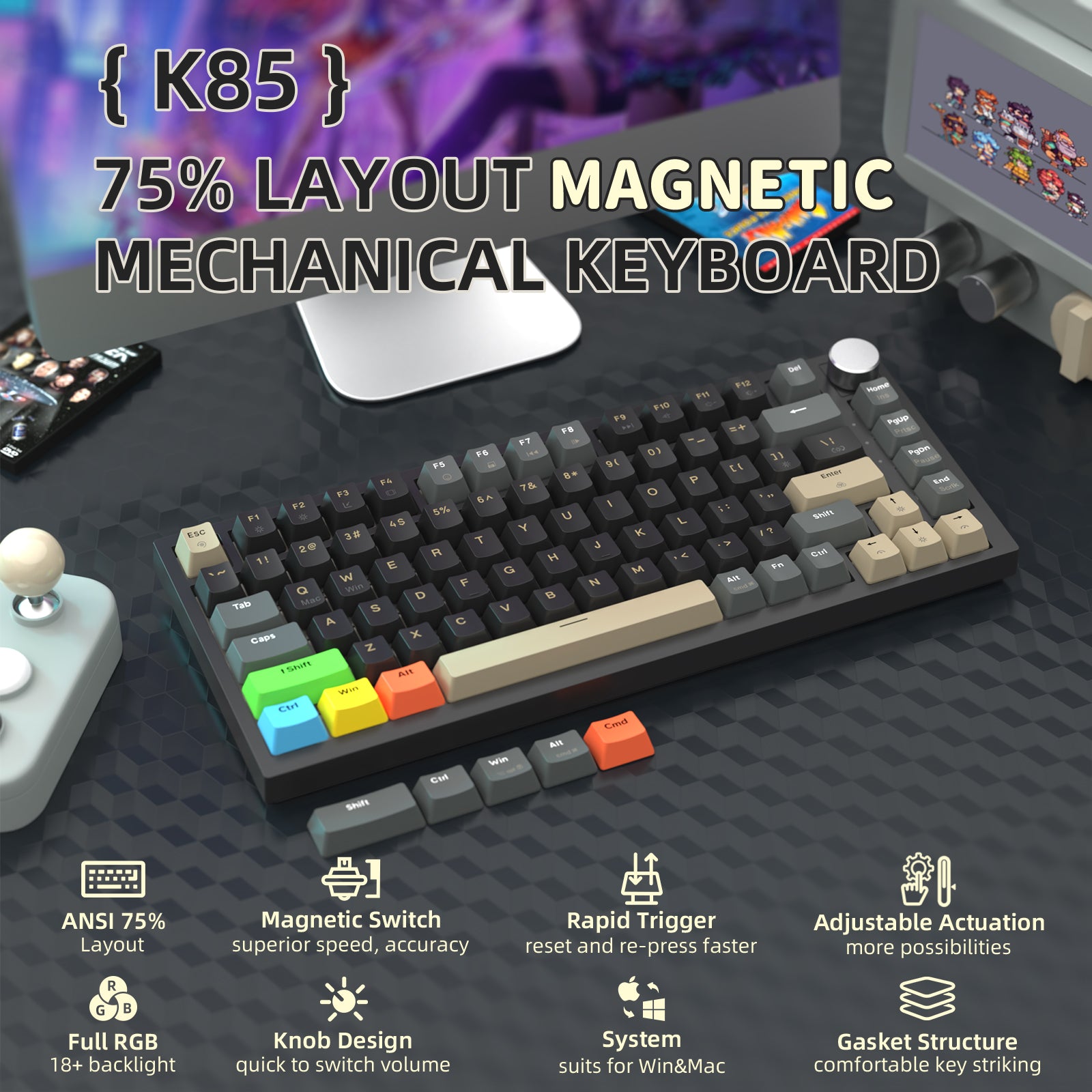 K85 75% layout magnetic mechanical keyboard showcasing RGB backlight and features.