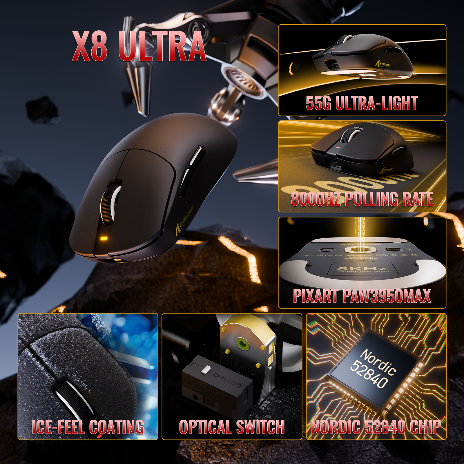 Ratón inalámbrico ligero para juegos ATTACK SHARK X8 Series de tres modos