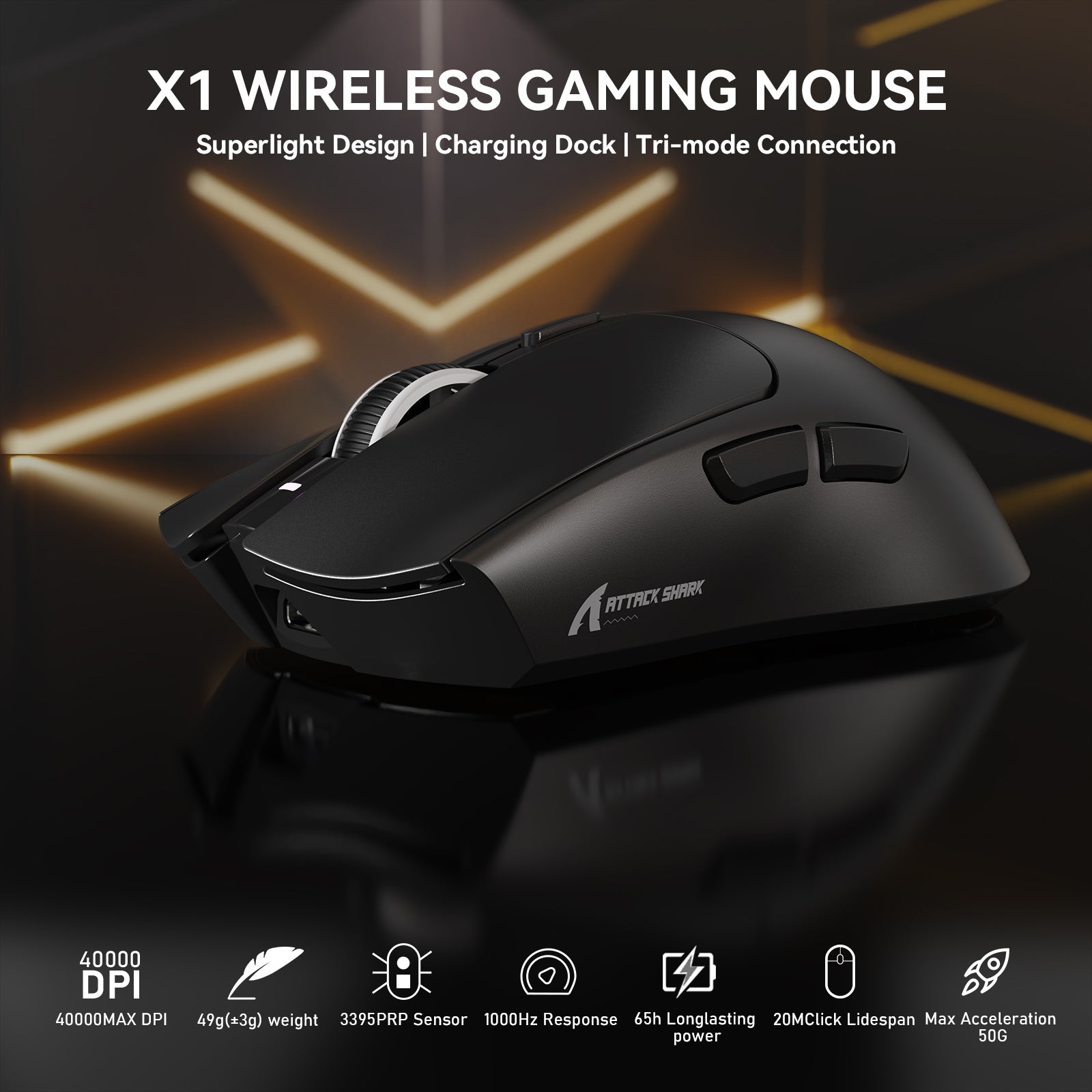 Ratón para juegos ATTACK SHARK X1 de tres modos con panel táctil RGB y base de carga PAW3395PRO Sensor