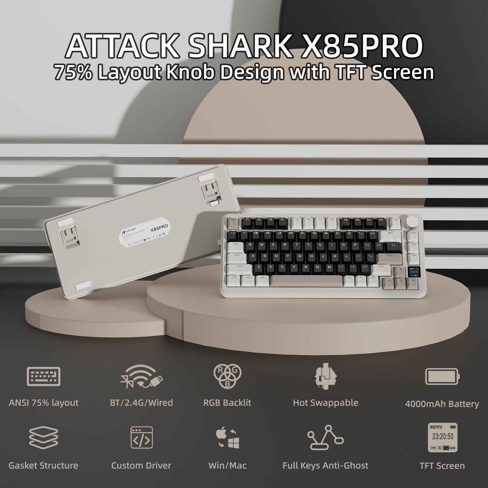 ATTACK SHARK X85PRO keyboard in beige with TFT screen and 75% layout design.